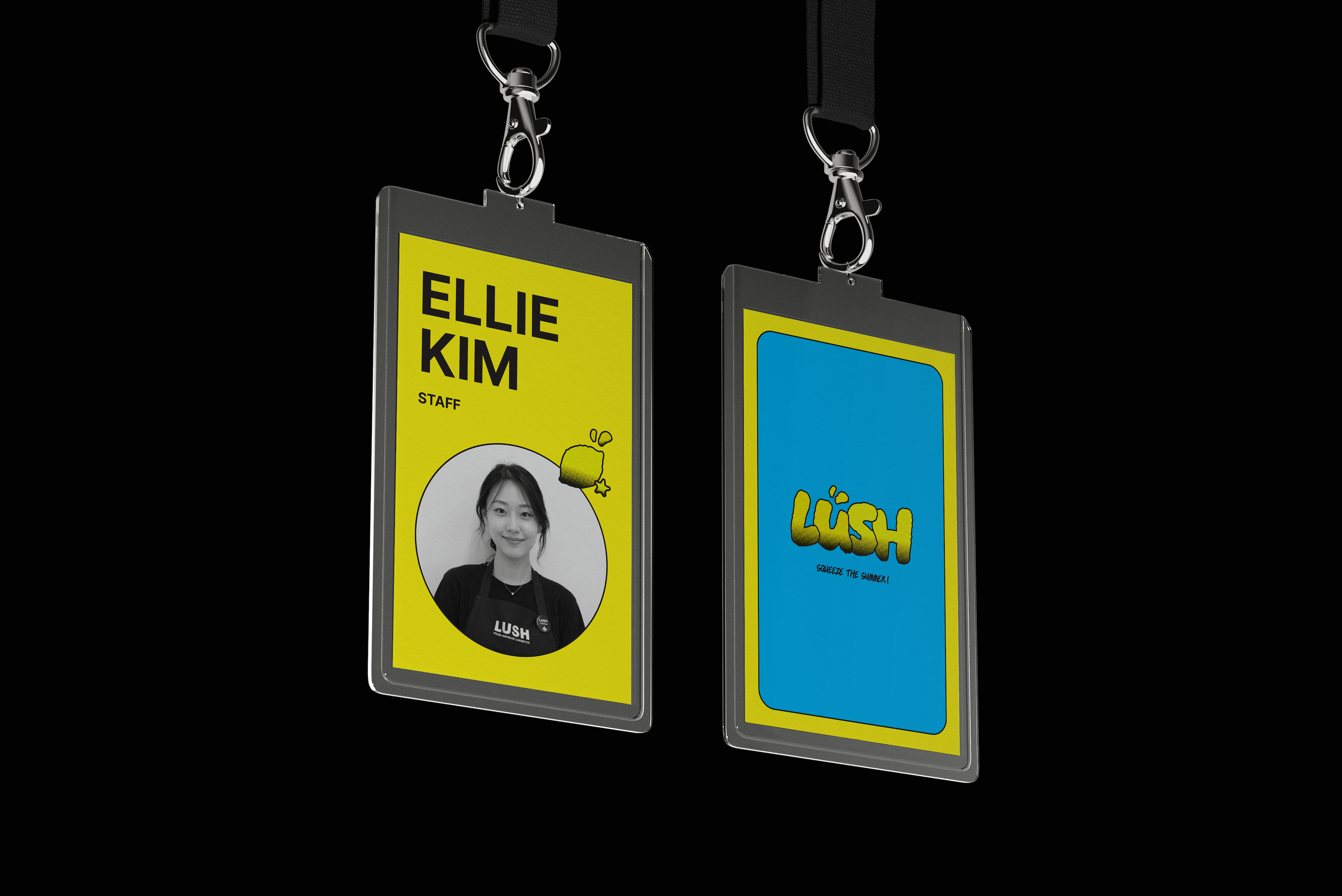 Two LUSH staff badges, one with staff photo and name Ellie Kim, the other with LUSH logo on blue background.