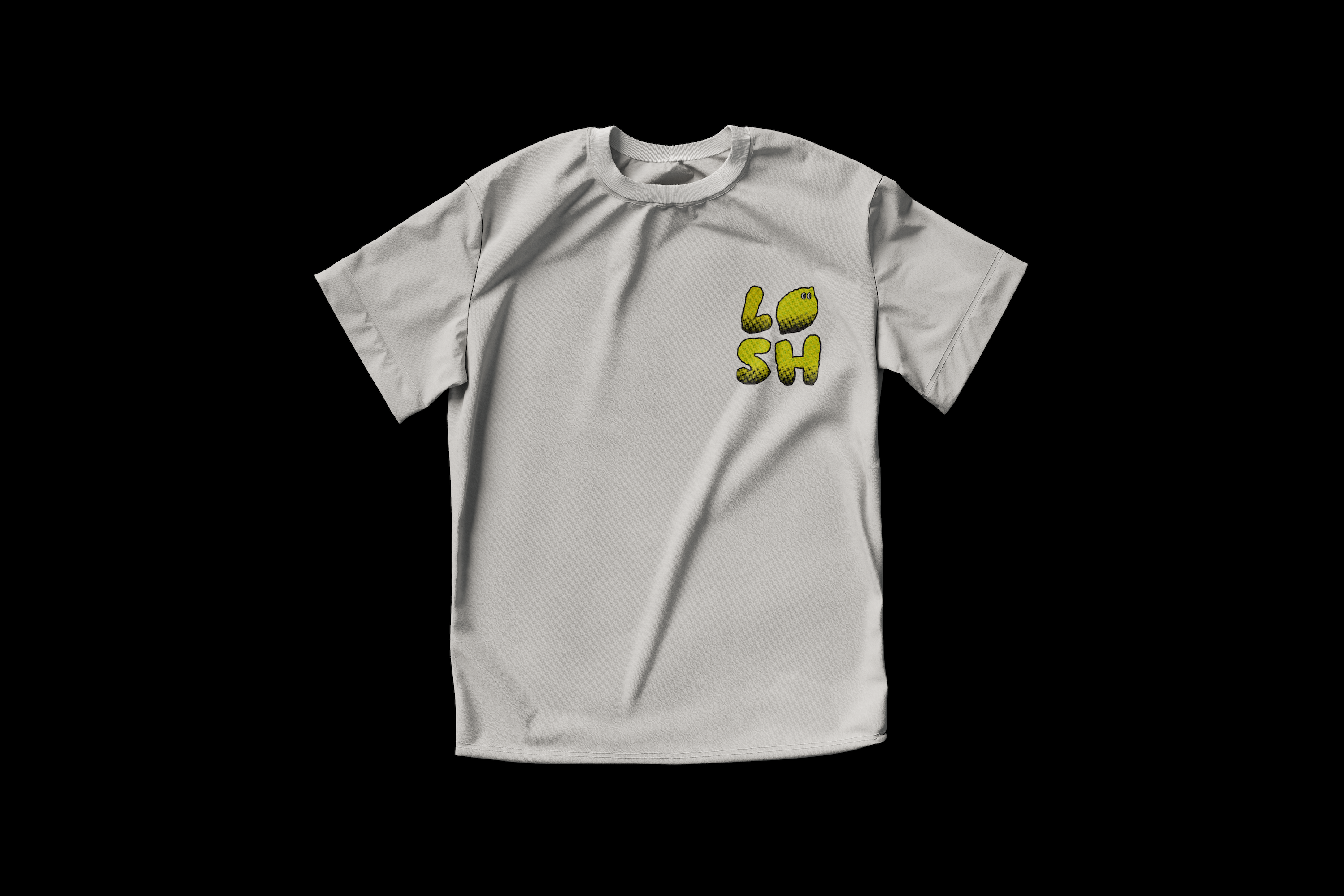 White T-shirt with letters L U S H on the left chest.