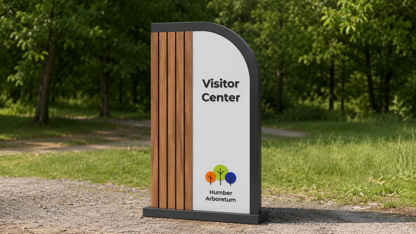 Visitor Center sign with a tree logo reading Humber Arboretum in a park setting.
