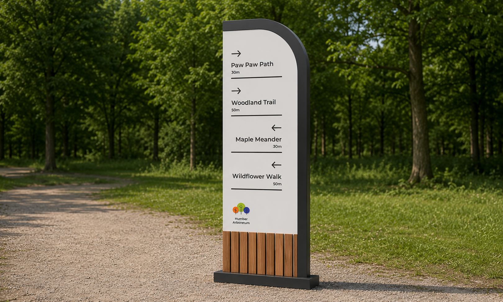Park trail sign listing Paw Paw Path, Woodland Trail, Maple Meander, and Wildflower Walk with distances.