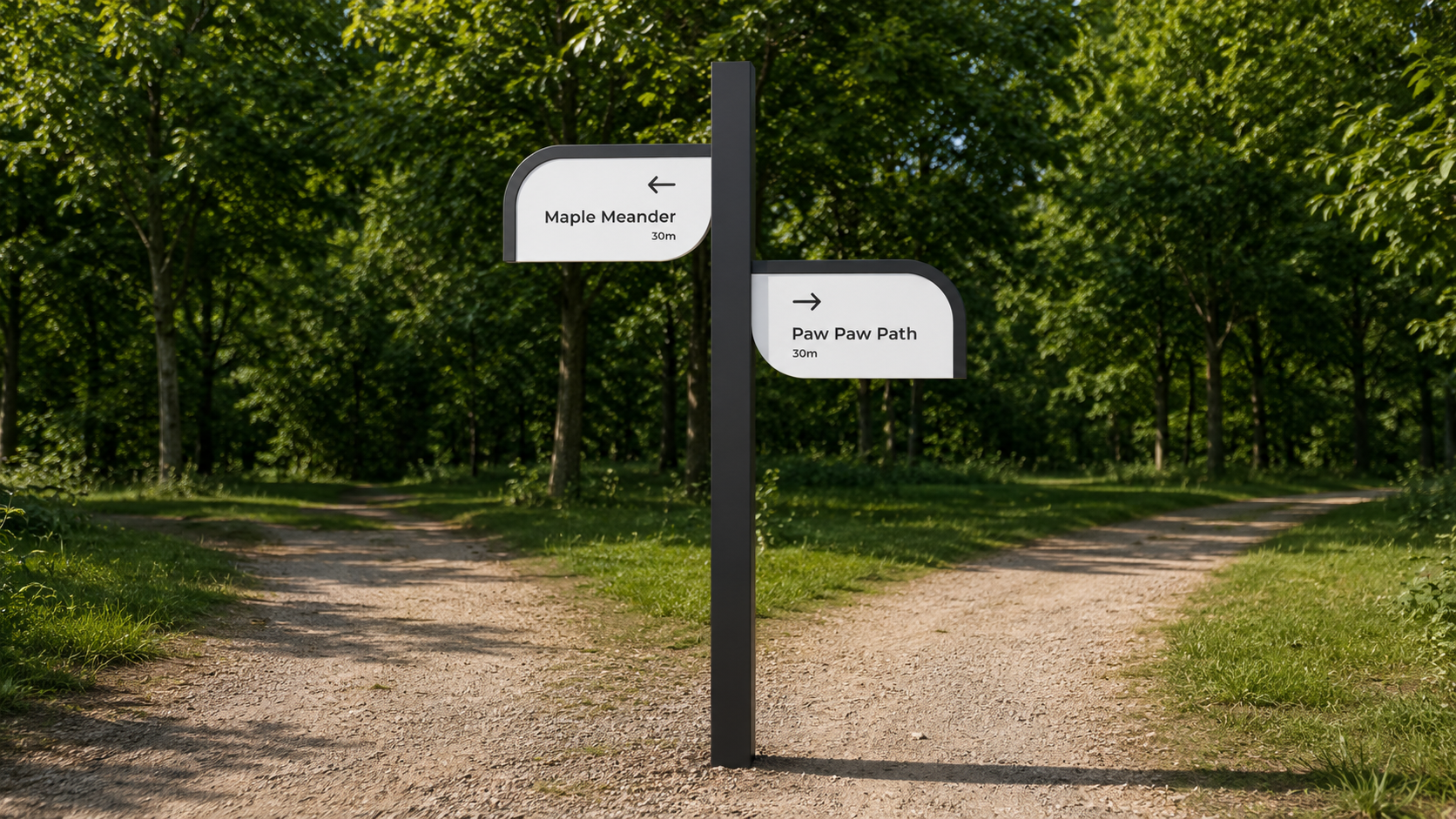 Signpost at a forest fork pointing left to Maple Meander and right to Paw Paw Path, each 30m away.