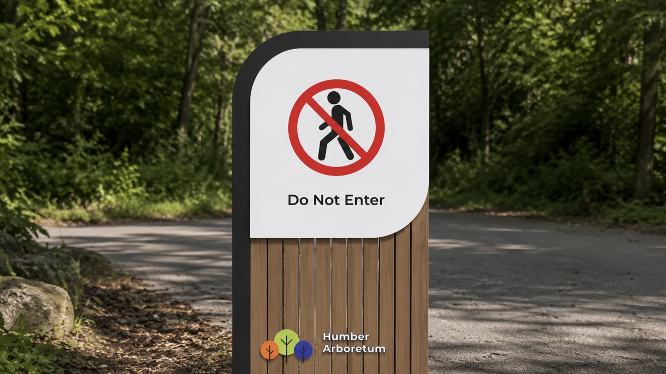 Do Not Enter sign at Humber Arboretum with a red no pedestrian symbol on a wood post.