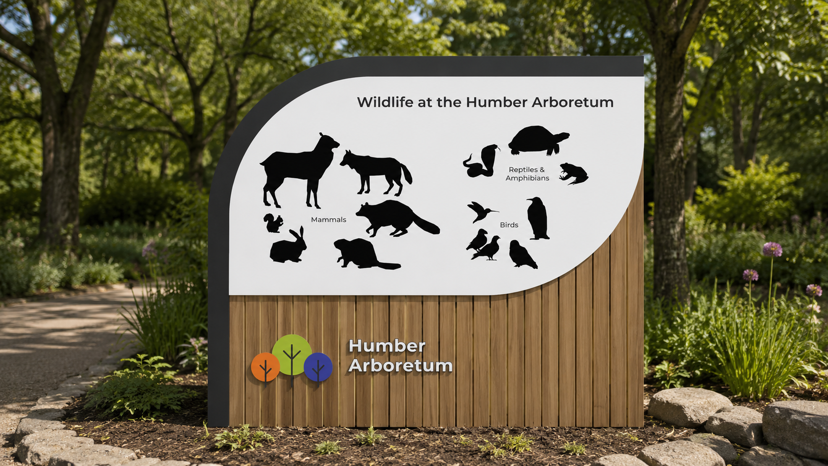 Sign displaying silhouettes of mammals, reptiles, amphibians, and birds at Humber Arboretum.
