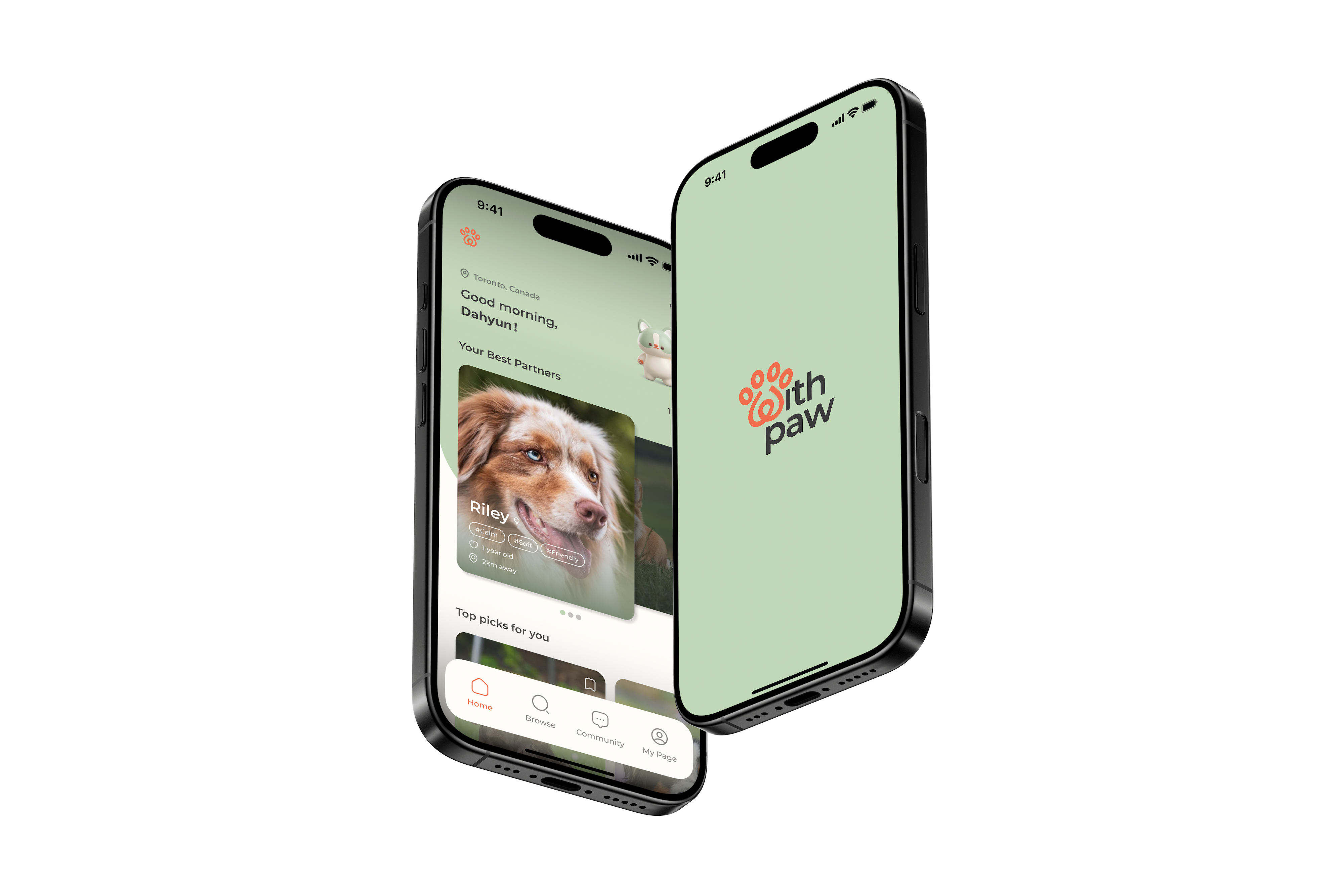 Two smartphones showing a WithPaw app interface.