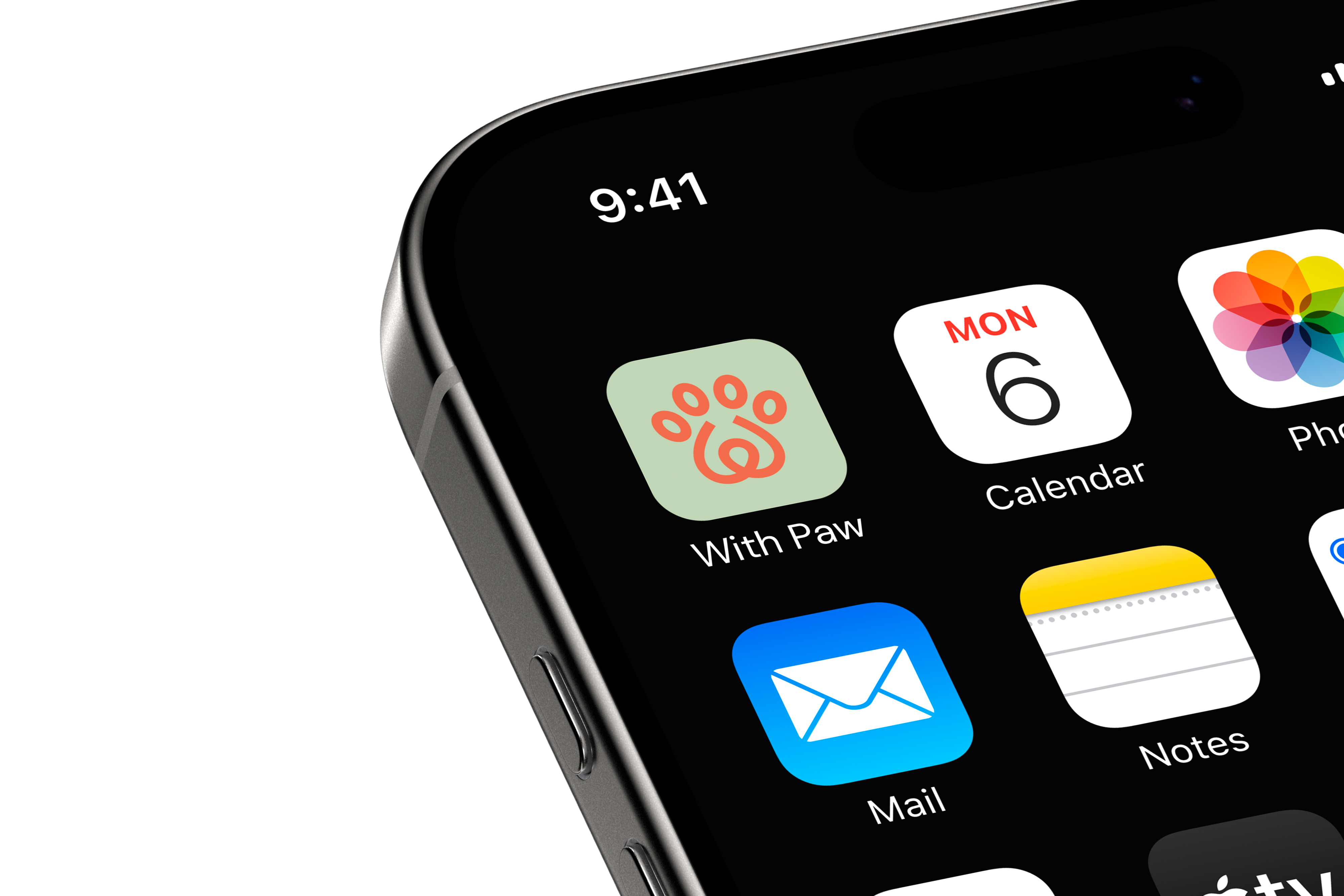 Close-up of a smartphone screen showing apps including With Paw, Calendar, Photos, Mail, and Notes.