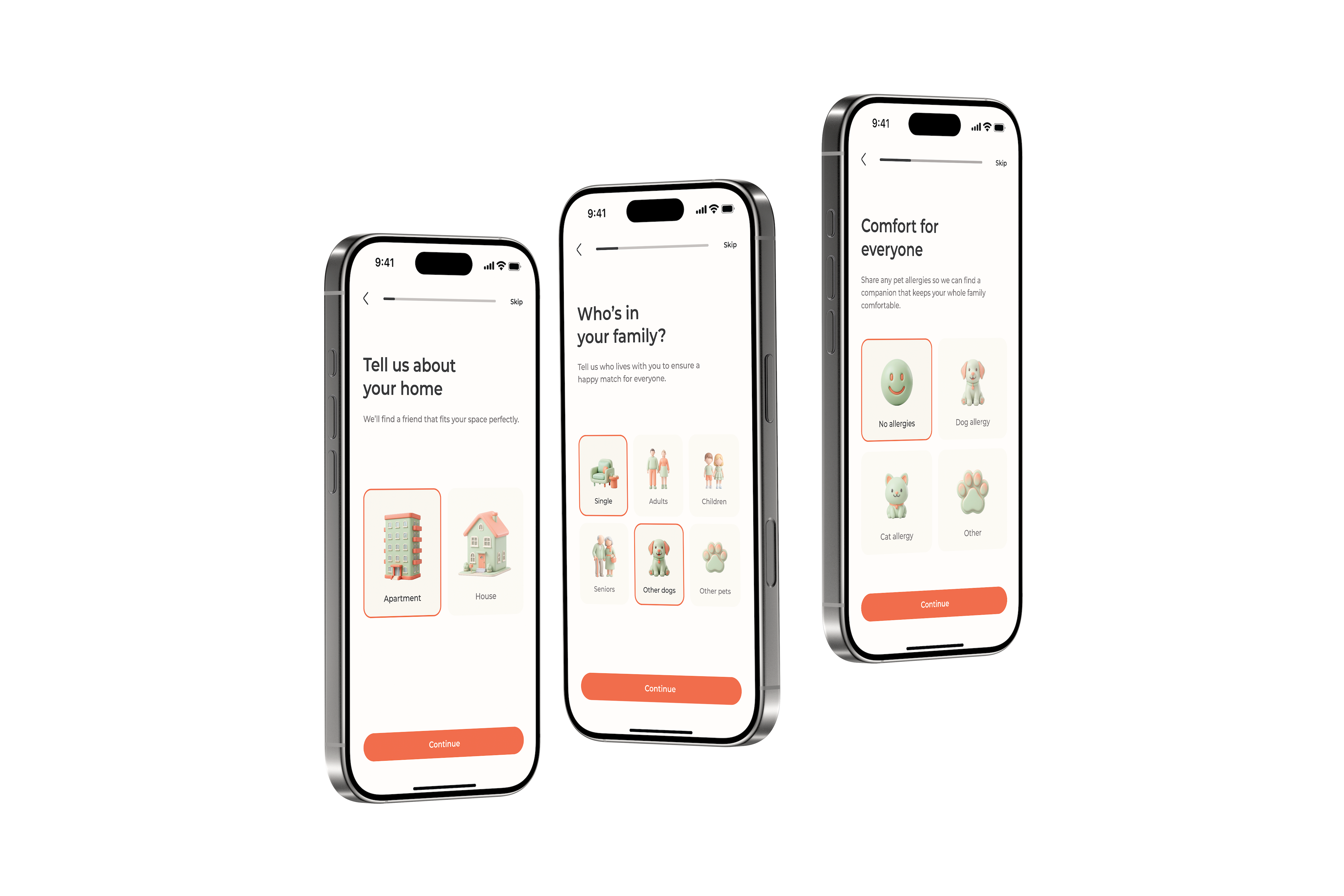 Three smartphones show app screens for home type, family members, and pet allergy preferences.