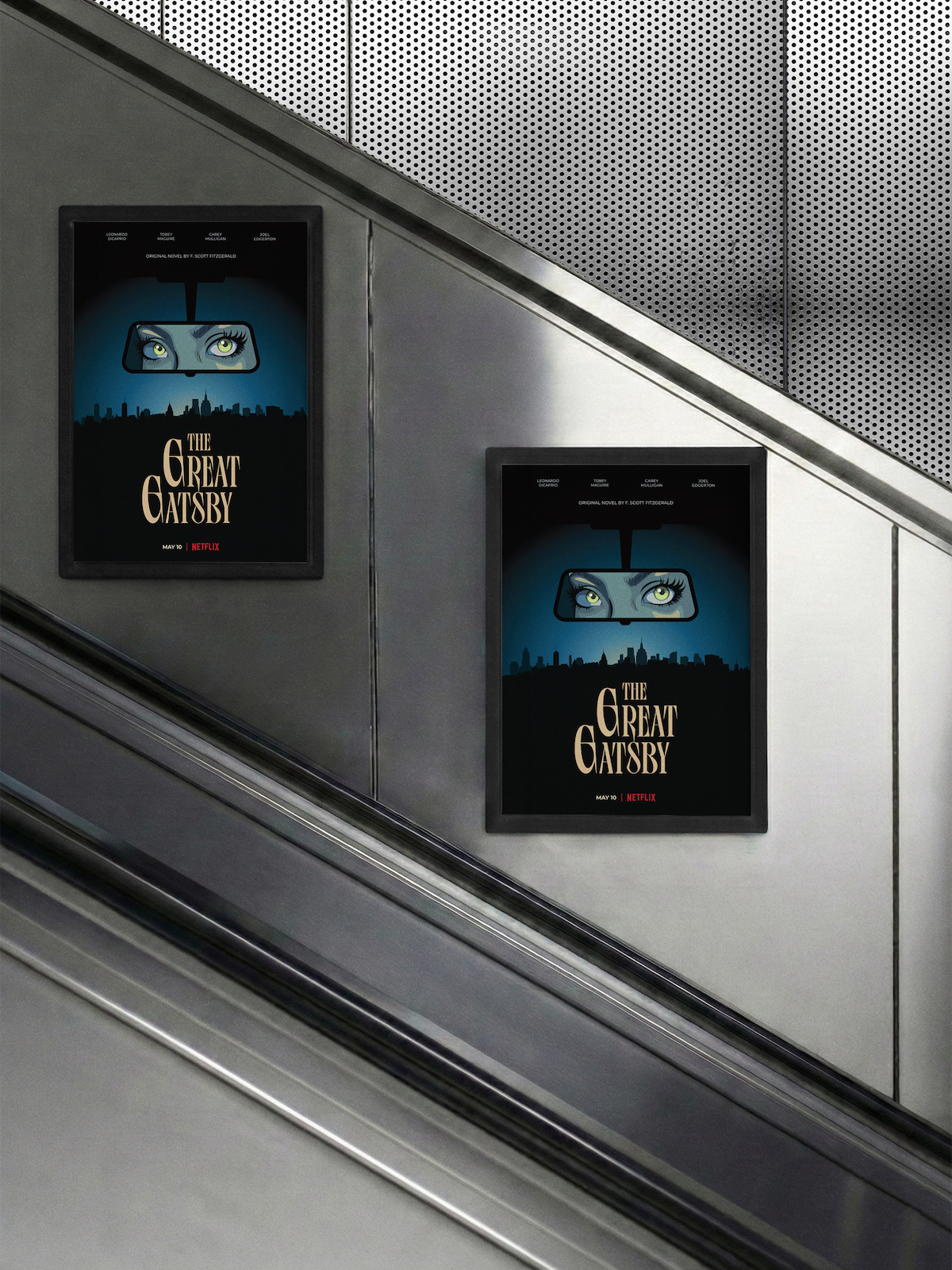 Two posters of The Great Gatsby on escalator wall.
