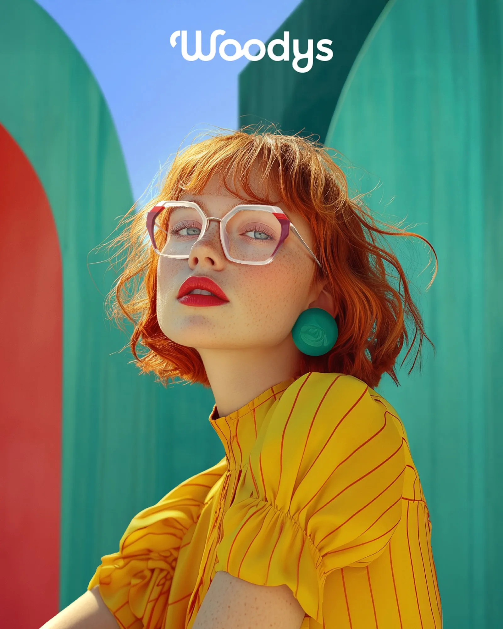 Red-haired woman with large clear-framed glasses, red lipstick, and teal earrings wearing a yellow striped blouse.