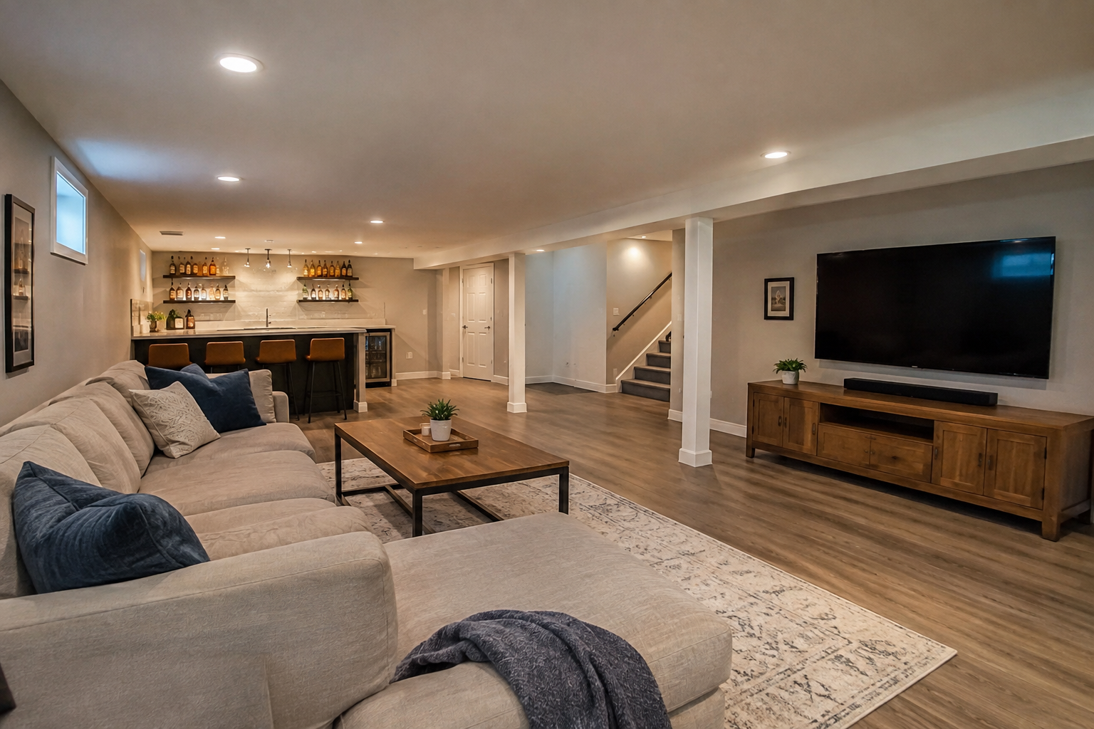 New Basement development in Calgary. Wood flooring and extra lighting. 