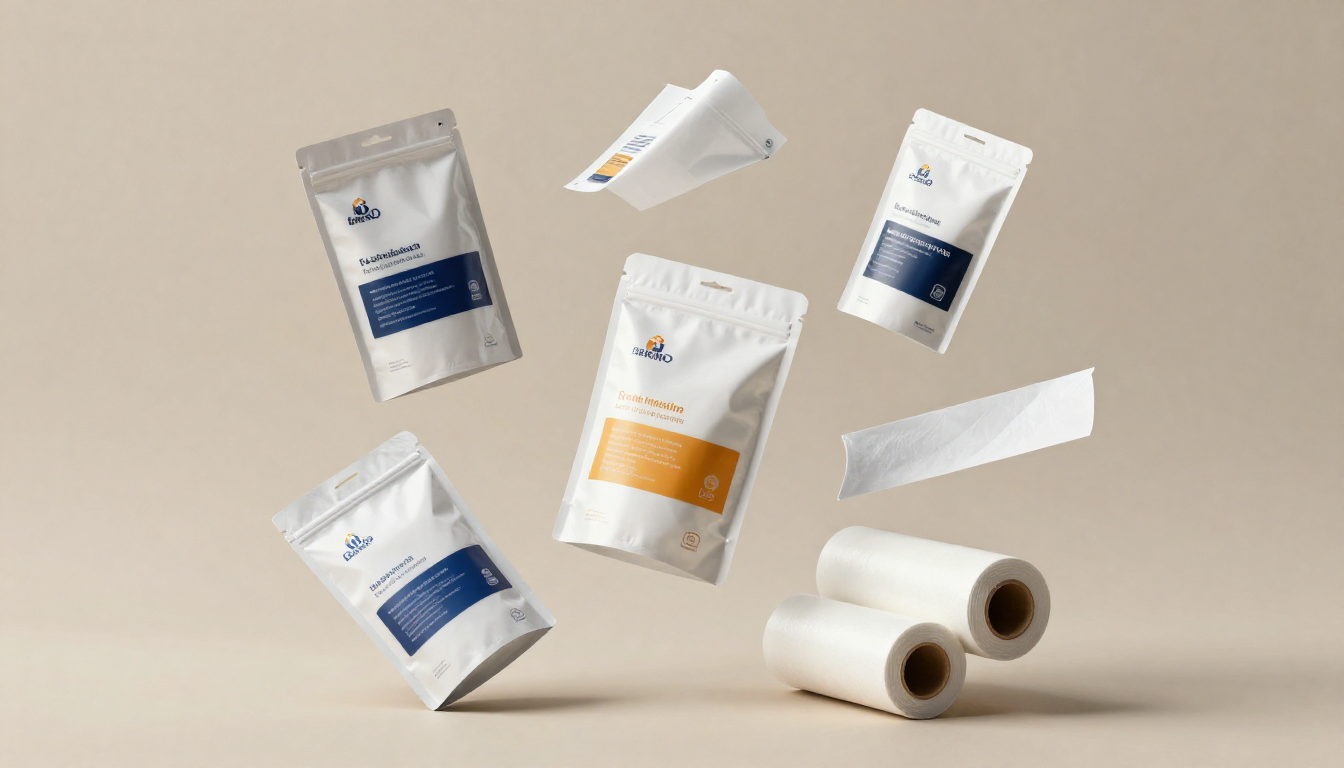 Floating white flexible packaging pouches and two white rolls on beige background.