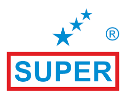 Logo with three blue stars above the word SUPER in blue inside a red rectangular border and a registered trademark symbol.