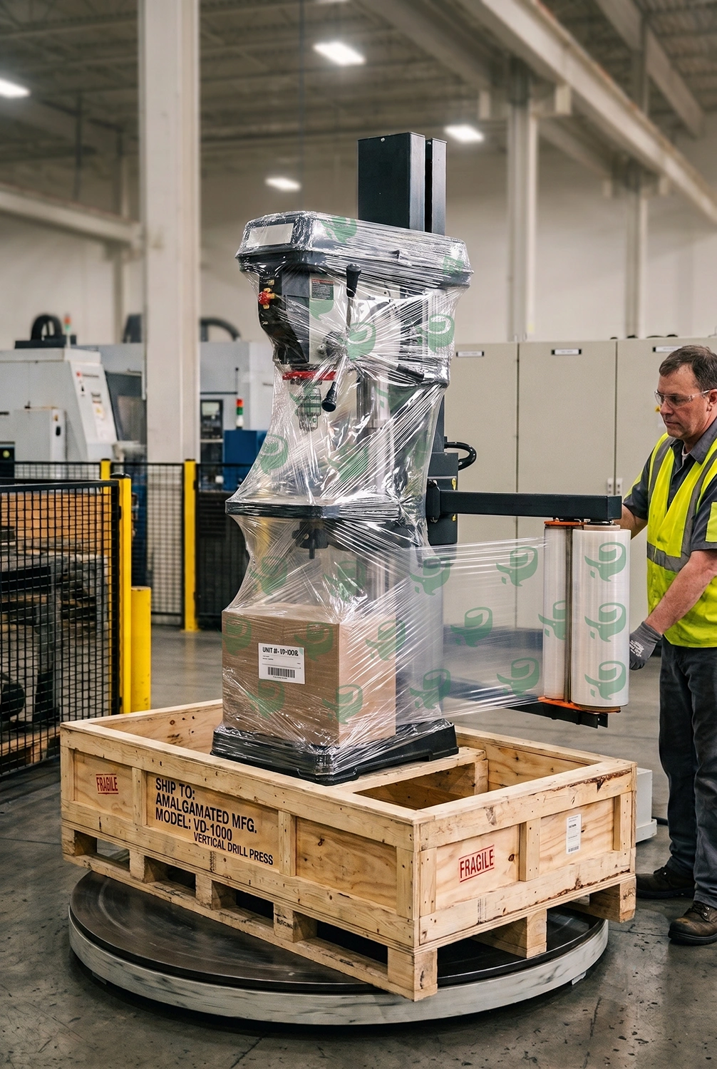 Person wearing a green shirt sealing a cardboard box with packing tape dispenser in a storage or warehouse setting.