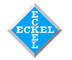 Blaues Rautenschild mit weißem Text "ECKEL".