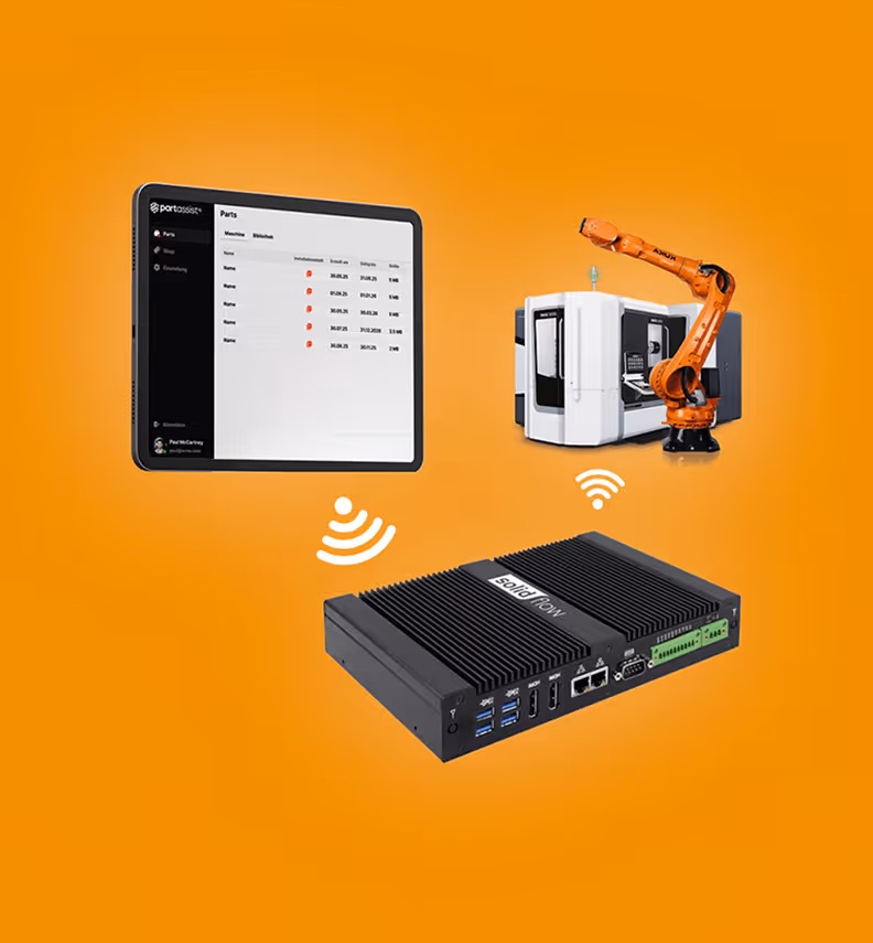 Industrieroboterarm mit blauer LED-Beleuchtung in technologischer Umgebung.