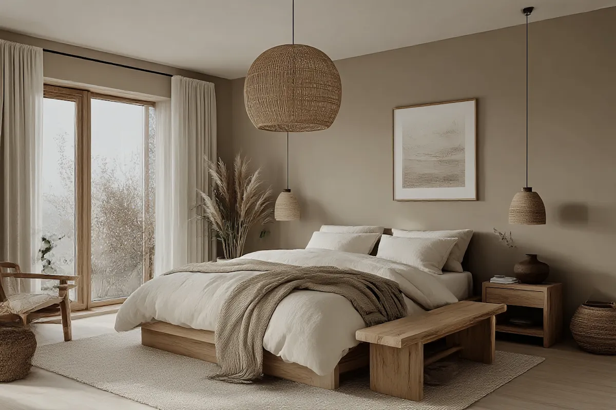 Minimalist bedroom with beige walls, wooden bed frame, neutral bedding, hanging pendant lights, and natural decor.