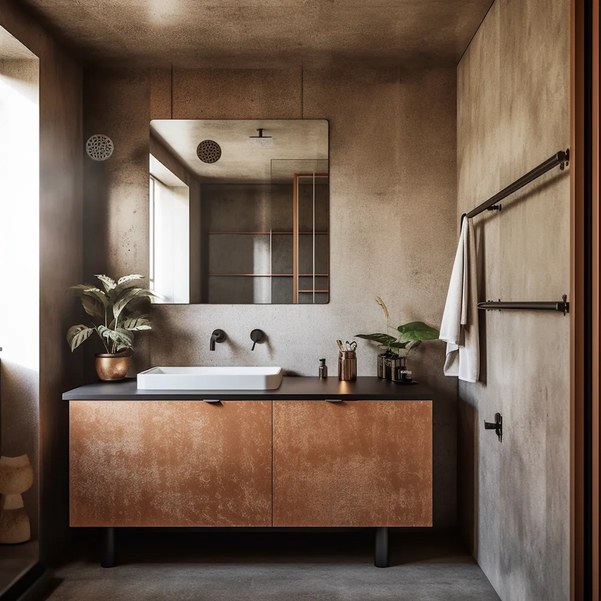 Modern minimalist bathroom with a rectangular white sink on a dark countertop, rust-colored cabinet, wall-mounted black faucet, large square mirror, potted plants, and white towel hanging on a black towel rack.