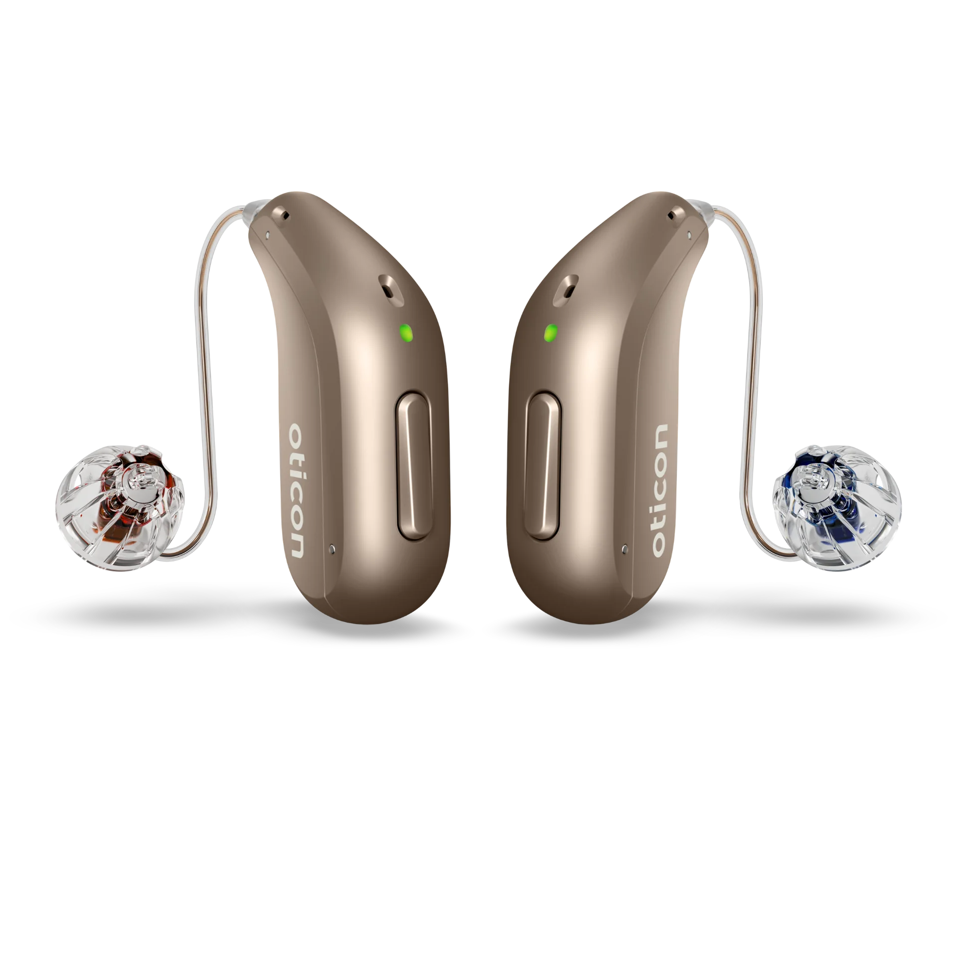 Paire d’aides auditives Oticon miniRITE métalliques avec embouts transparents, une avec repère rouge et l’autre bleue.