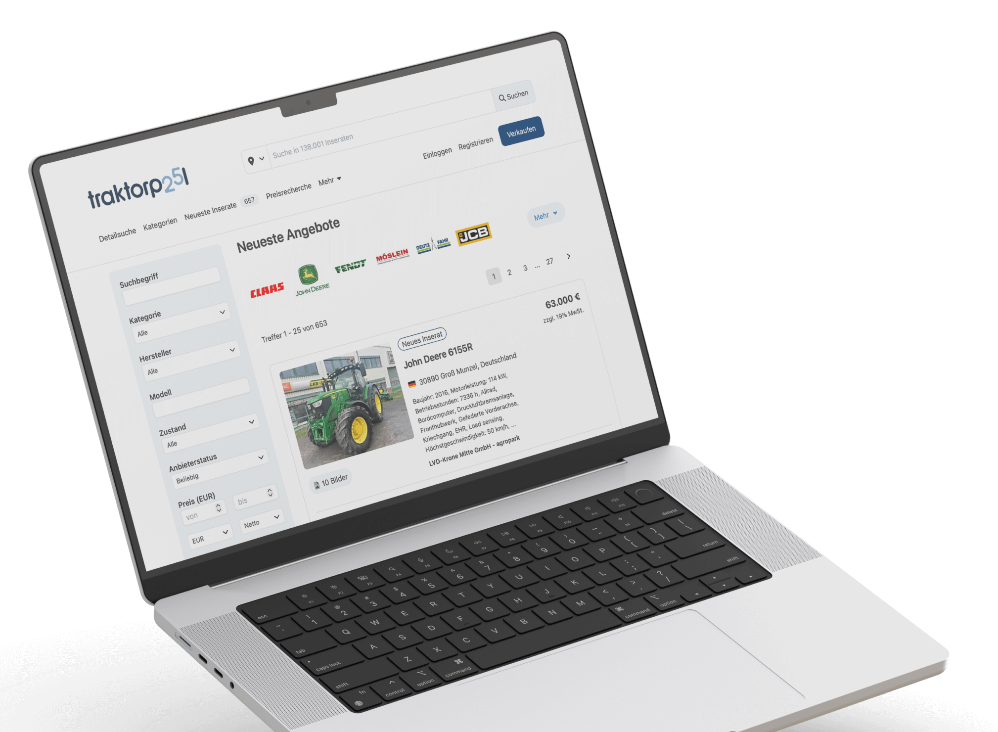 Laptop mit geöffneter traktorpool-Website zur Anzeige von Landmaschinen-Angeboten