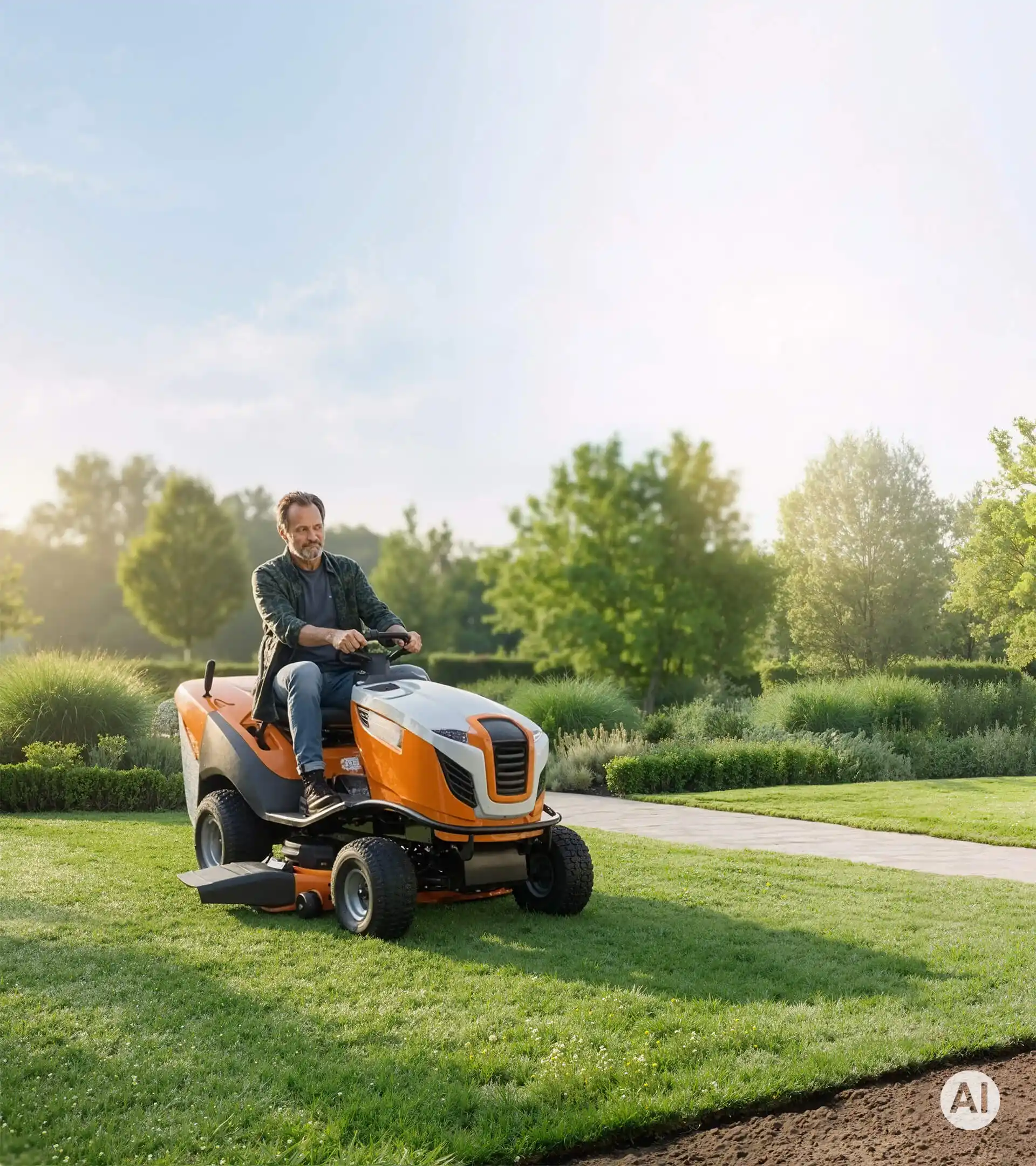 Mann auf einem orangefarbenen Aufsitzmäher auf einer gepflegten Rasenfläche im Garten