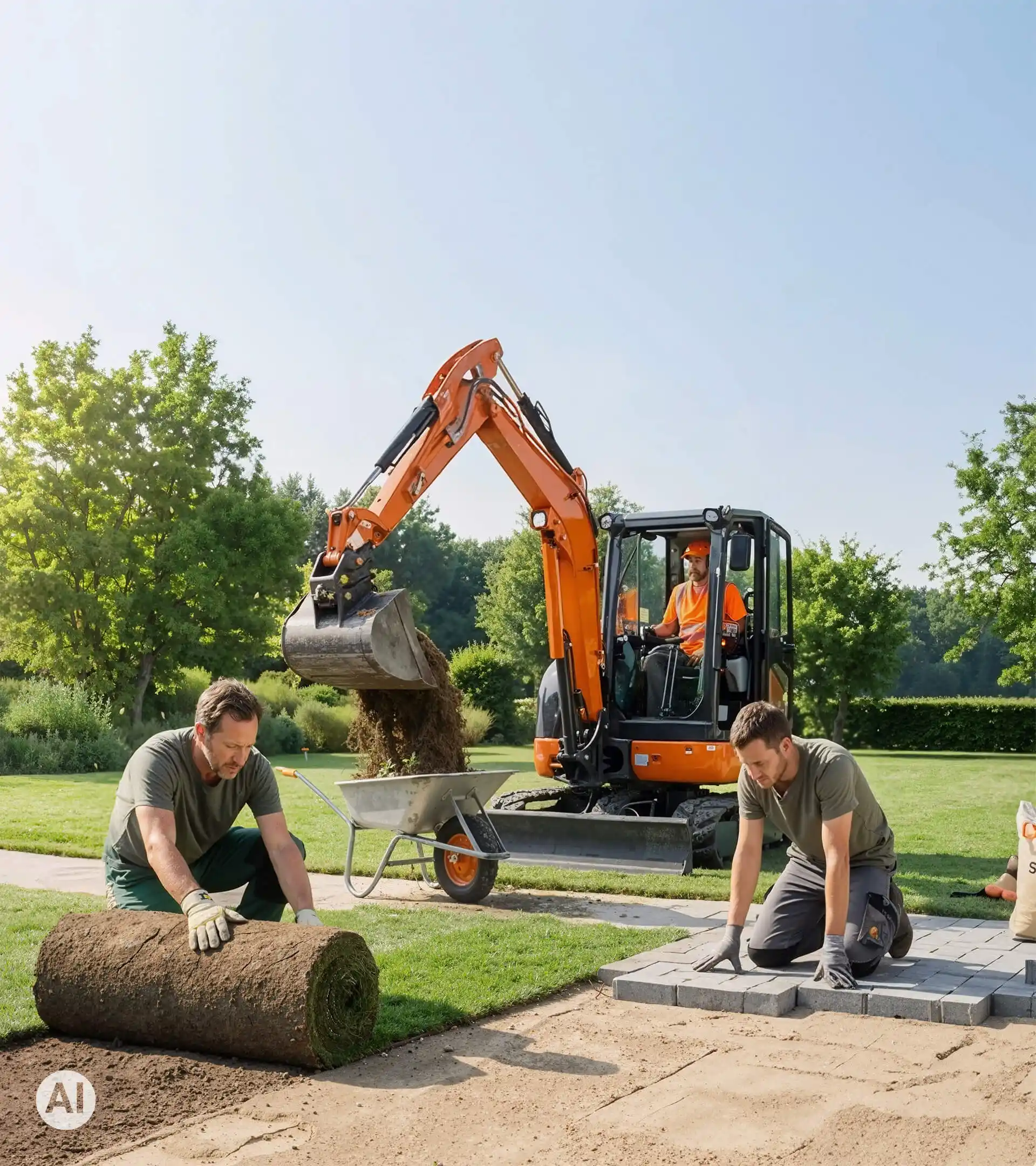 Gartenbauteam verlegt Rollrasen und Pflaster mit einem Minibagger auf einer Rasenfläche