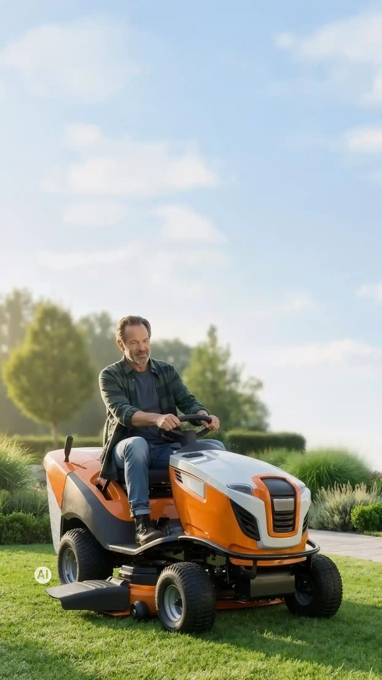Mann auf einem orangefarbenen Aufsitzmäher auf einer gepflegten Rasenfläche im Garten