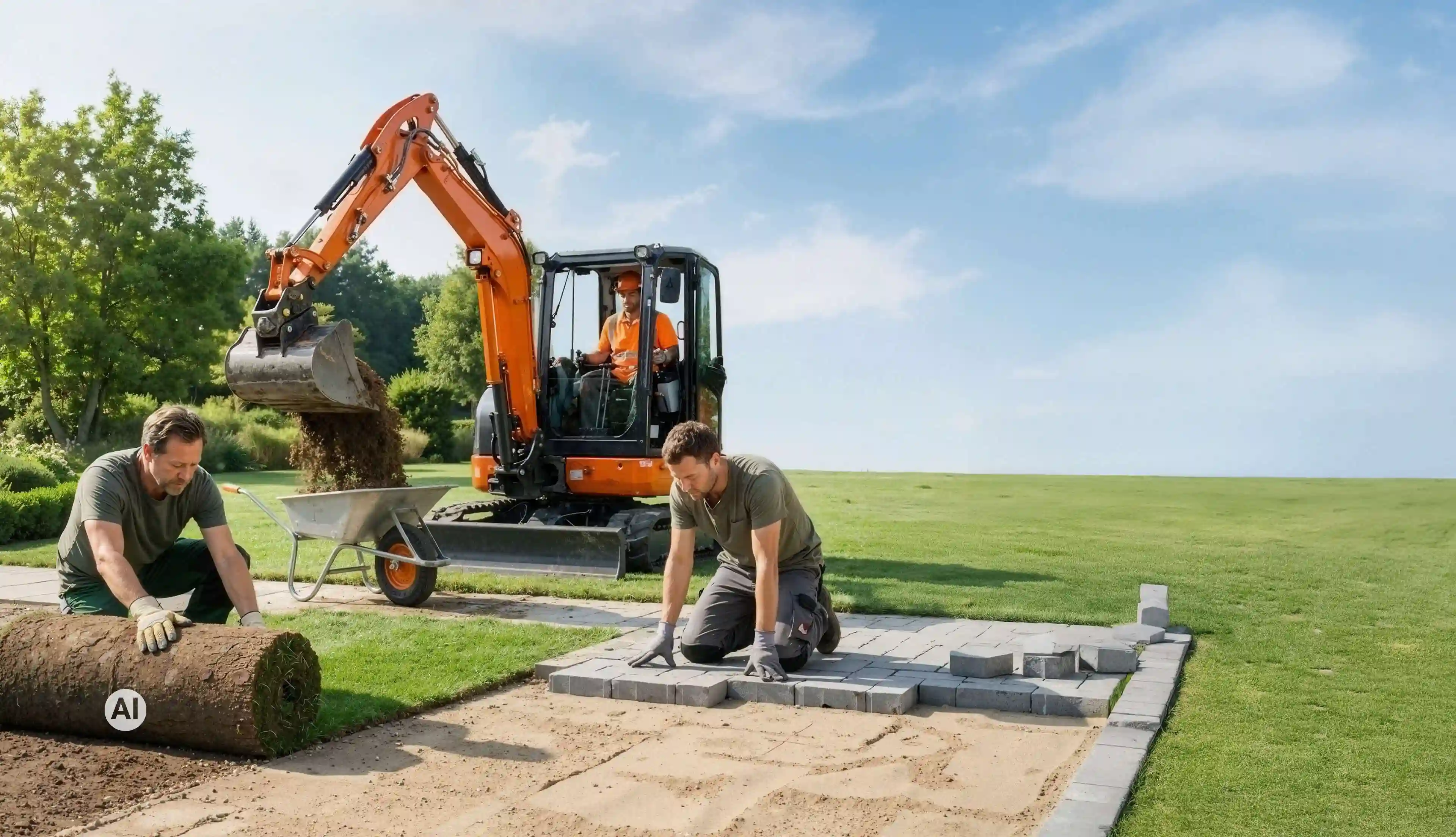 Gartenbauteam verlegt Rollrasen und Pflaster mit einem Minibagger auf einer Rasenfläche