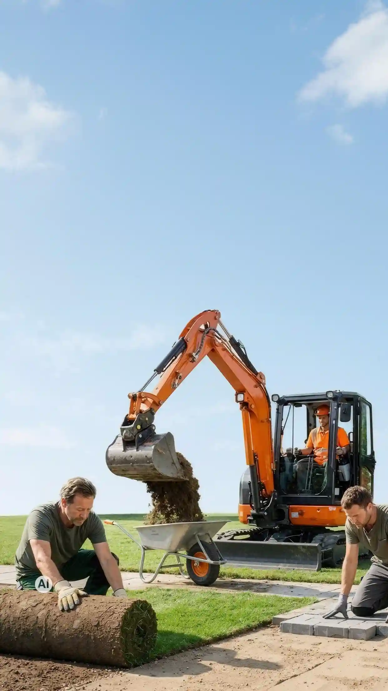 Gartenbauteam verlegt Rollrasen und Pflaster mit einem Minibagger auf einer Rasenfläche