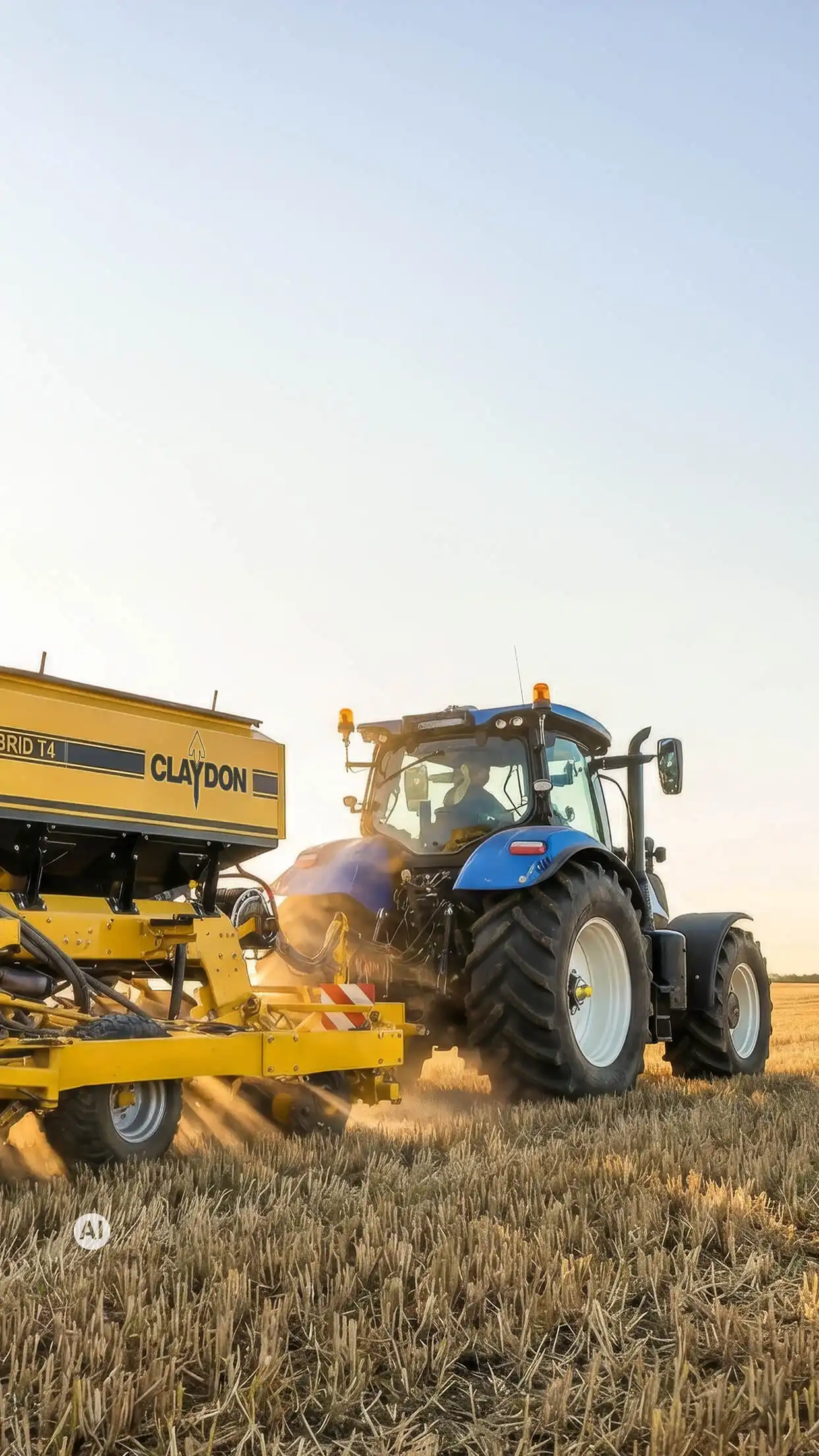 Blauer New-Holland-Traktor mit gelber Claydon-Sämaschine bei der Aussaat im Abendlicht