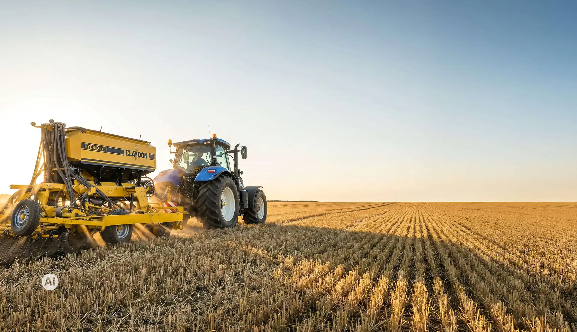 Blauer New-Holland-Traktor mit gelber Claydon-Sämaschine bei der Aussaat im Abendlicht