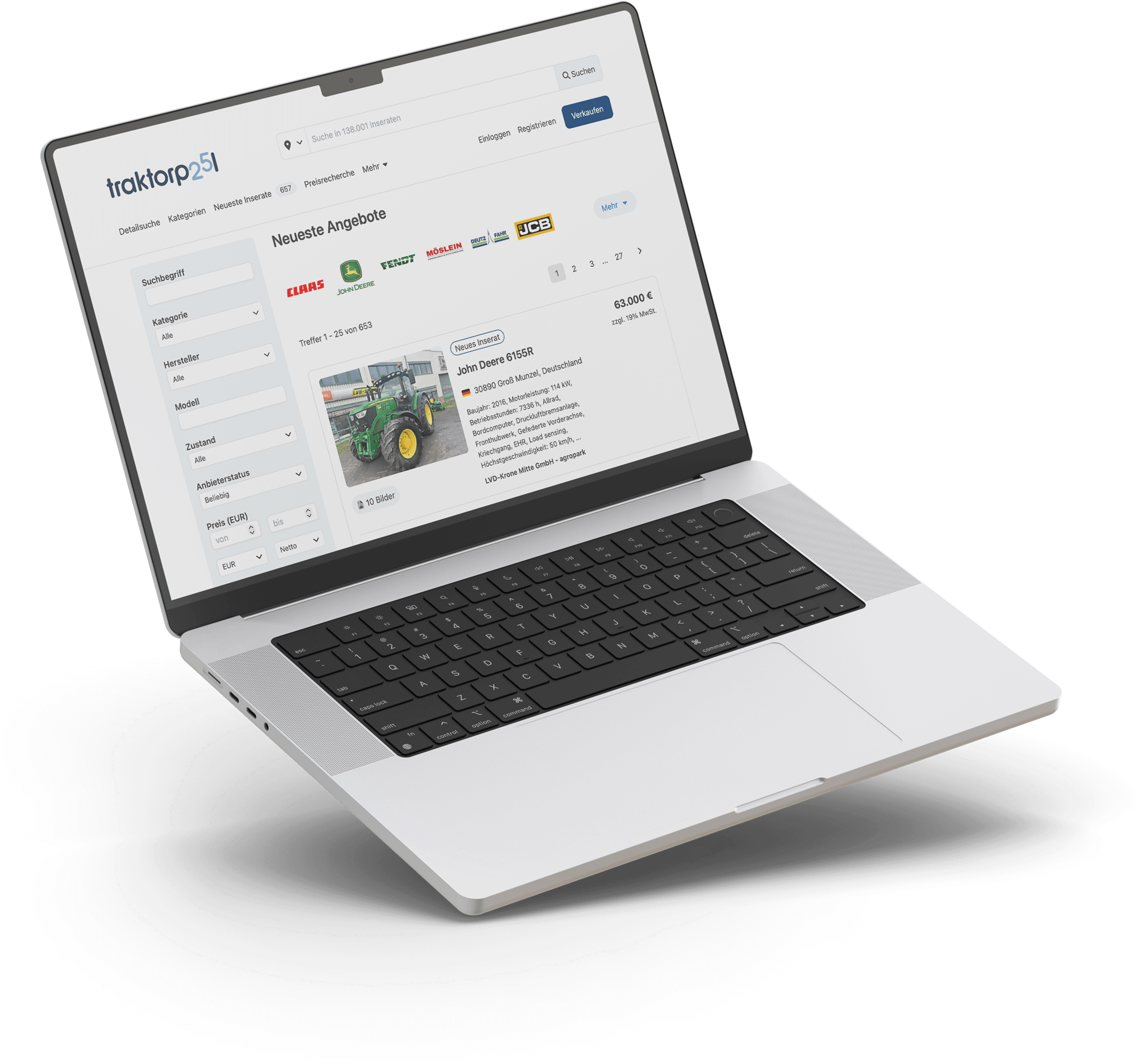 Laptop zeigt die traktorpool-Onlineplattform für gebrauchte Landmaschinen