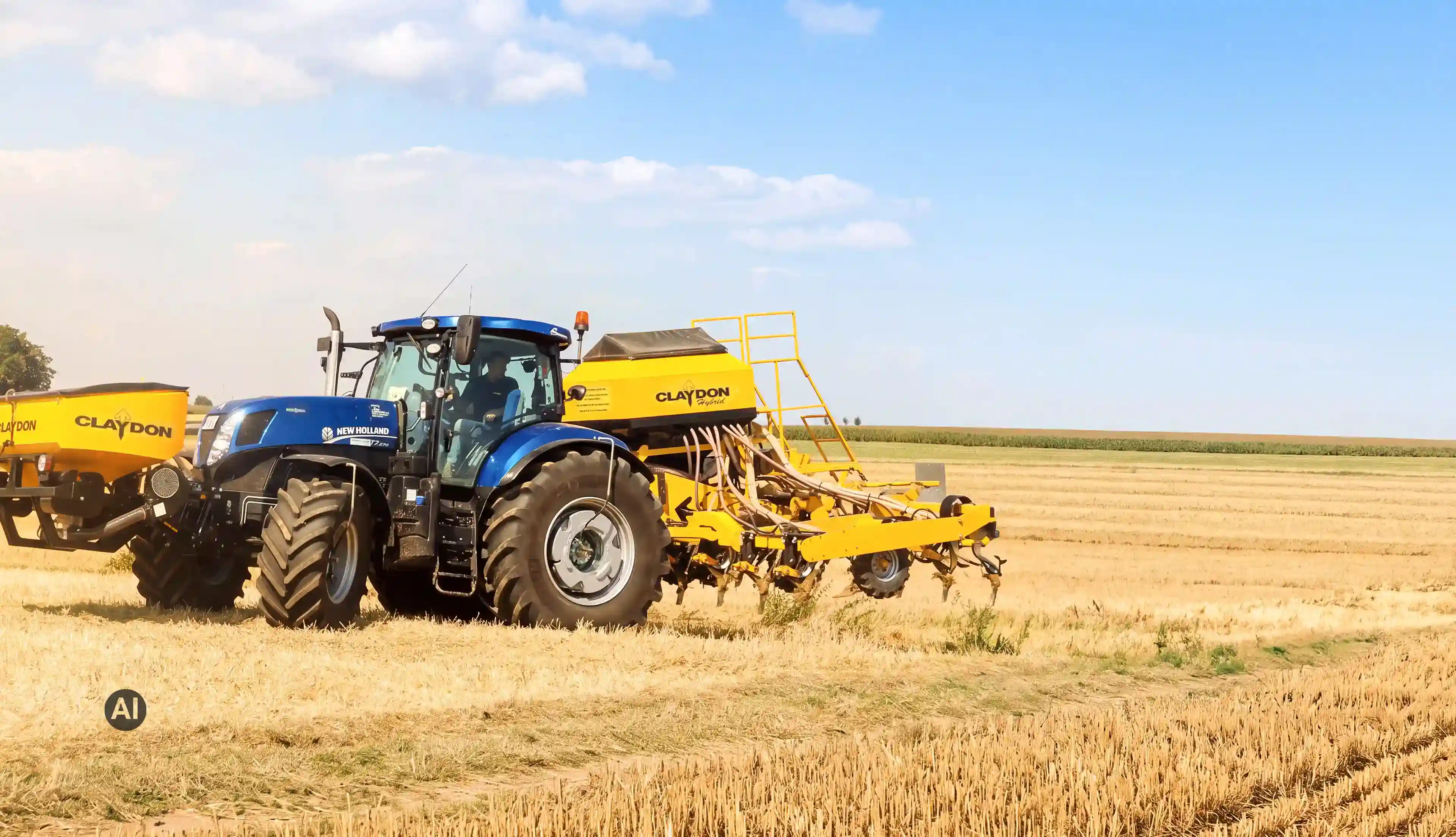 Blauer New-Holland-Traktor mit gelber Claydon-Sämaschine auf einem Stoppelfeld