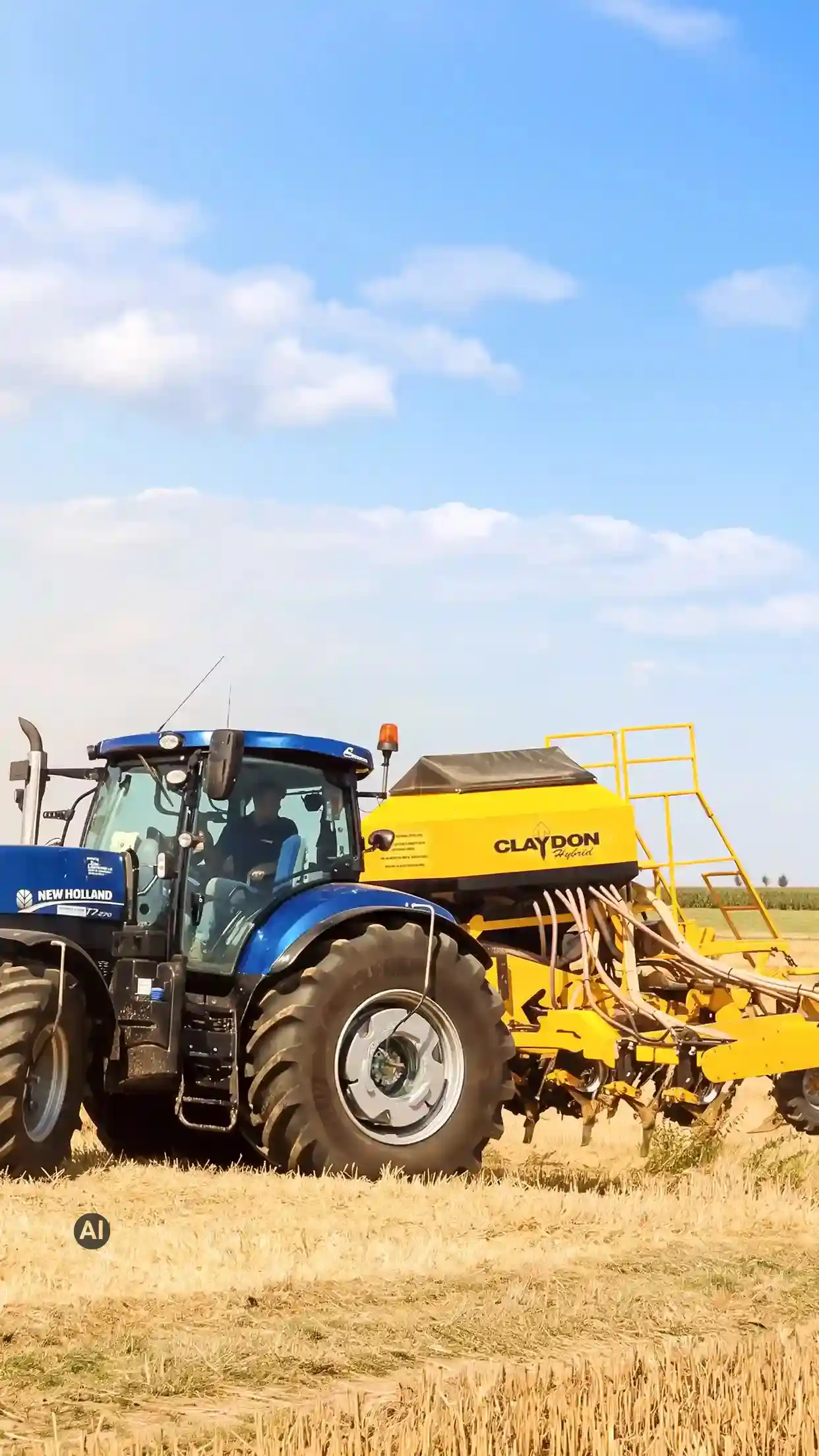 Blauer New-Holland-Traktor mit gelber Claydon-Sämaschine auf einem Stoppelfeld