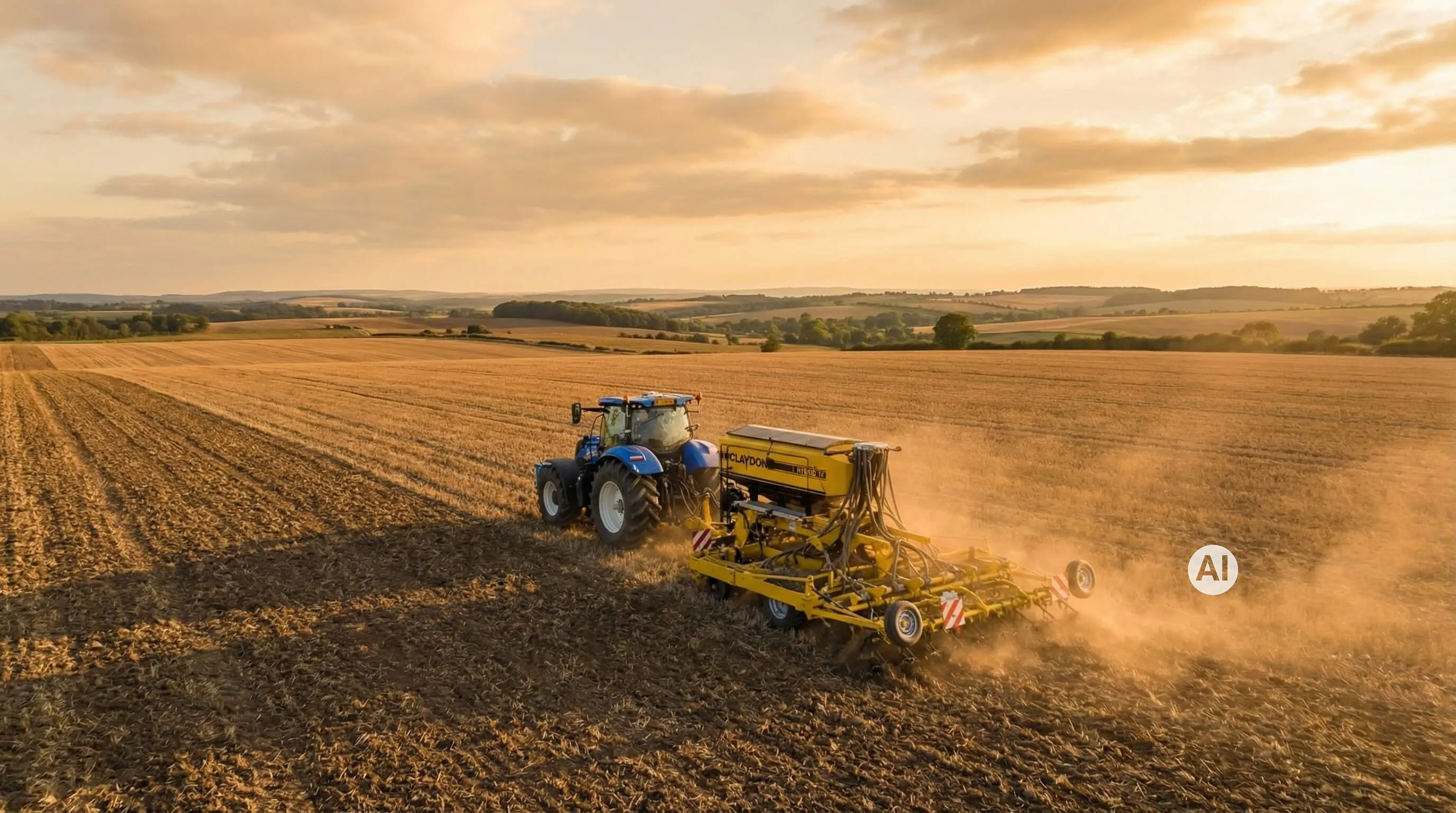 Blauer New-Holland-Traktor mit gelber Claydon-Sämaschine bei der Streifensaat, Luftaufnahme im Abendlicht