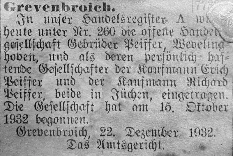 Historischer Handelsregistereintrag der offenen Handelsgesellschaft Gebrüder Peiffer von 1932