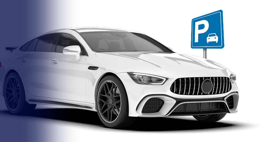 White luxury sports sedan parked next to a blue parking sign with a car icon.