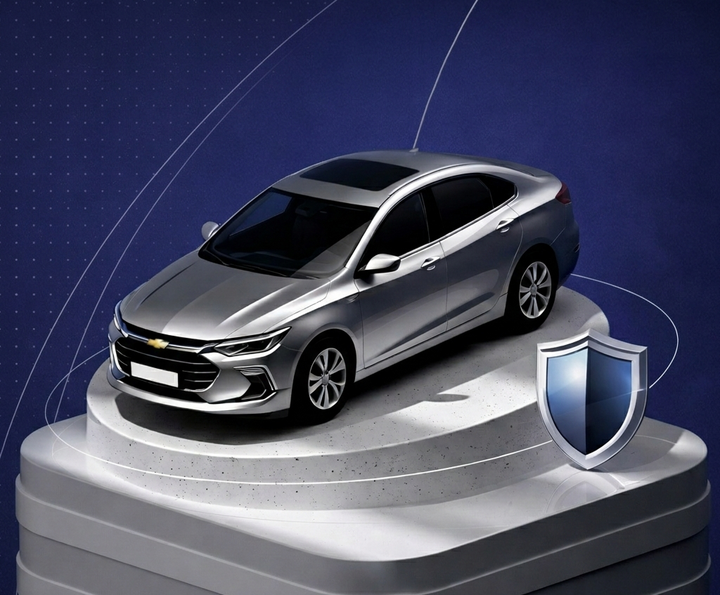Silver sedan car displayed on a multi-layered pedestal with a shield icon symbolizing protection.