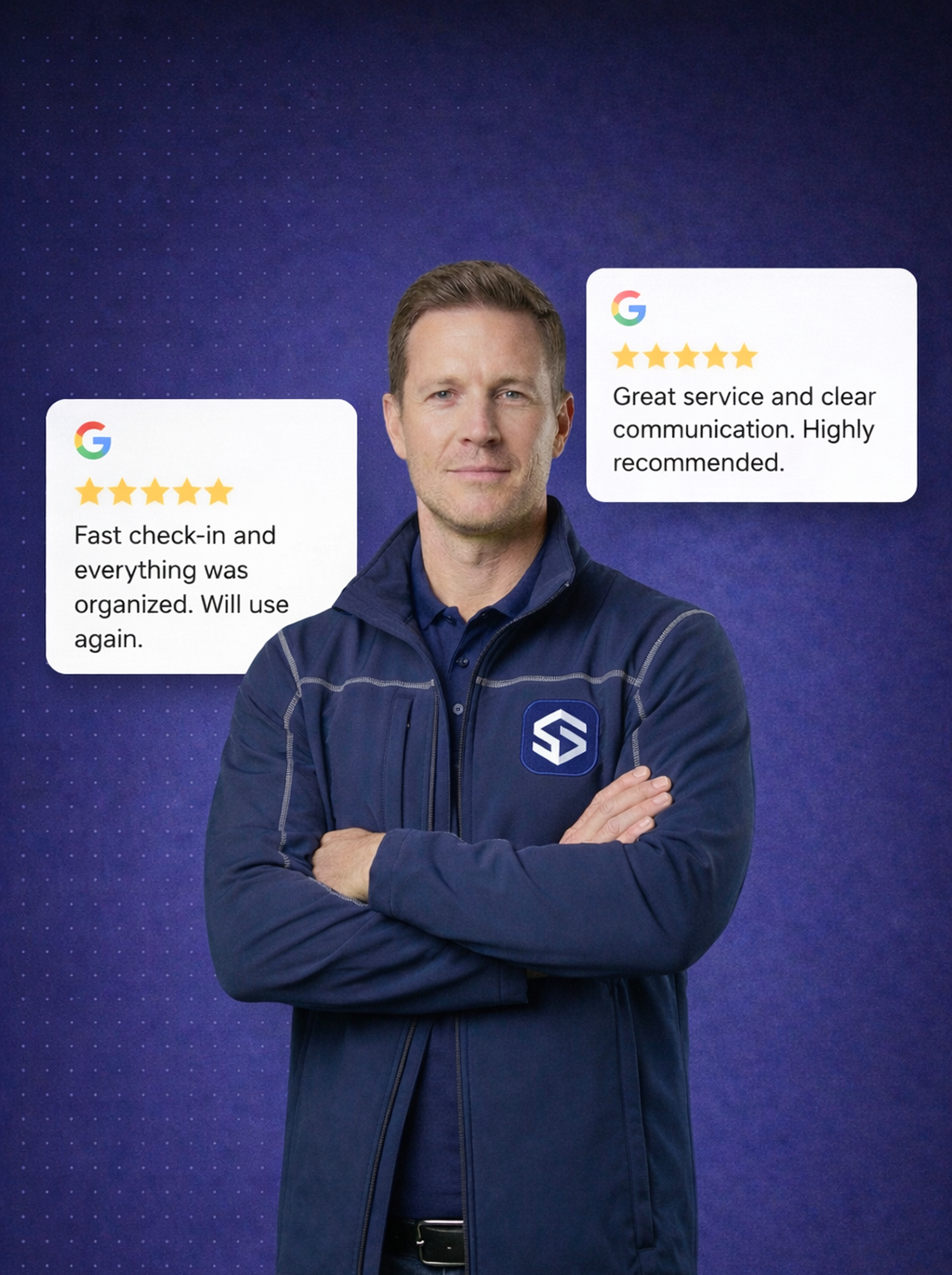 Man in navy jacket standing with arms crossed, with two Google 5-star reviews about fast check-in and great service around him.