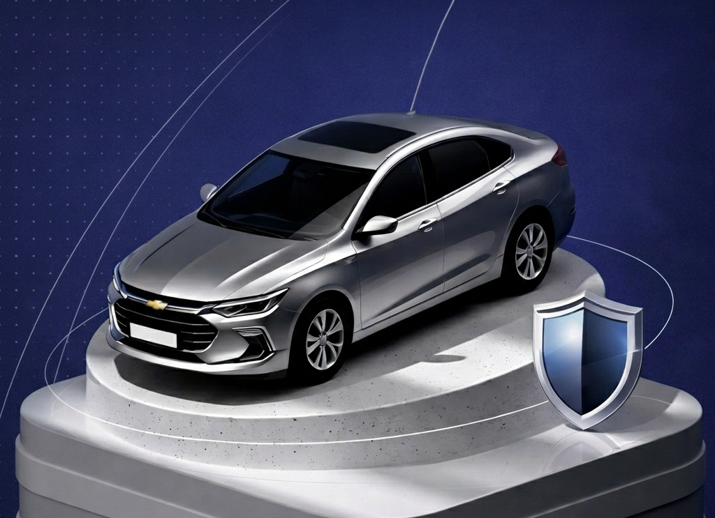 Silver Chevrolet sedan displayed on a white pedestal with a blue shield icon symbolizing protection.