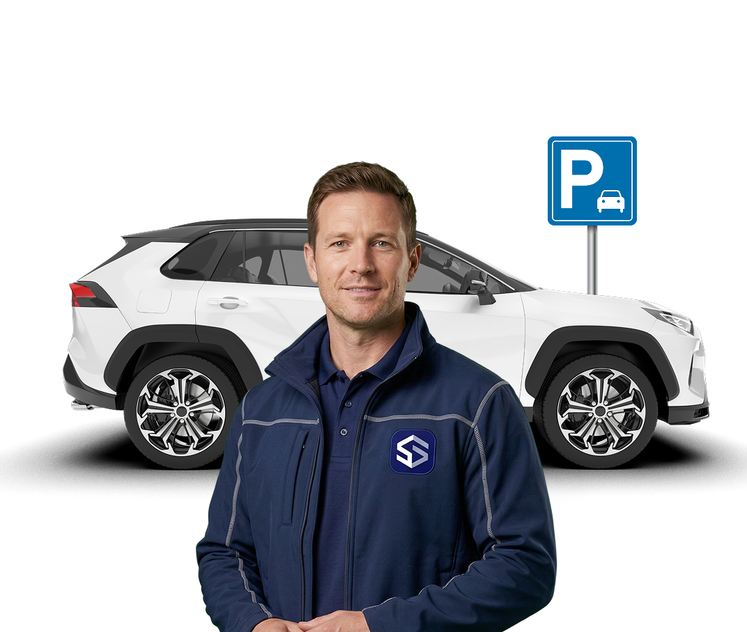 Man wearing a blue jacket standing in front of a white SUV parked next to a blue parking sign.