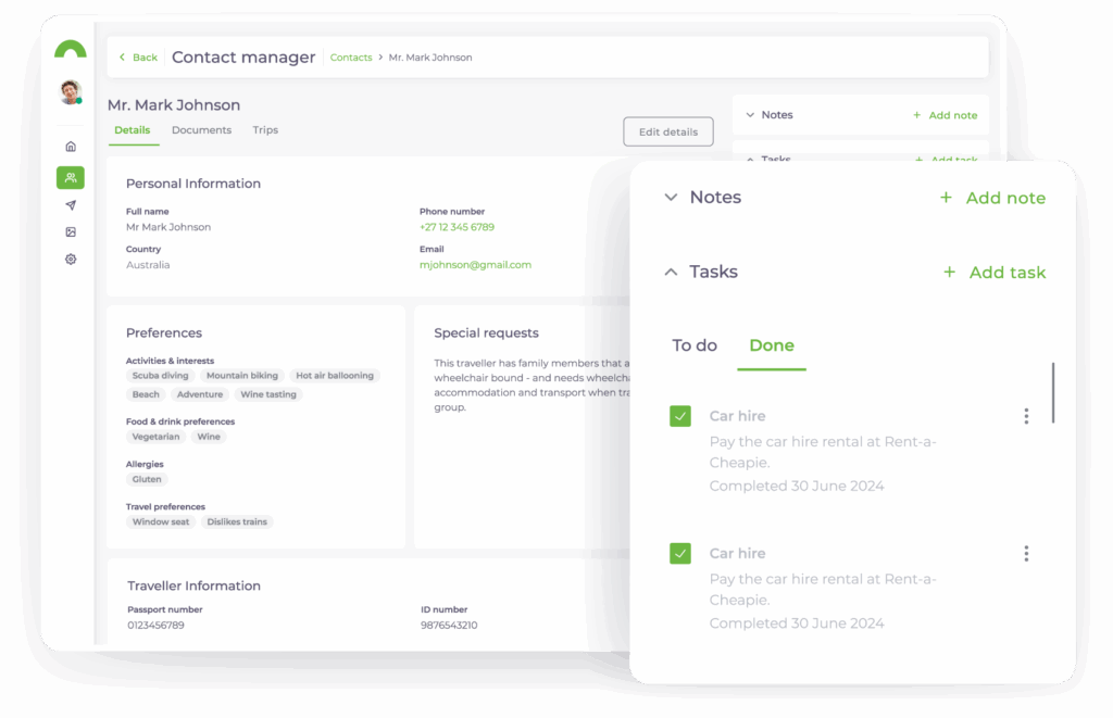 Wetu contact manager notes and task section with done task