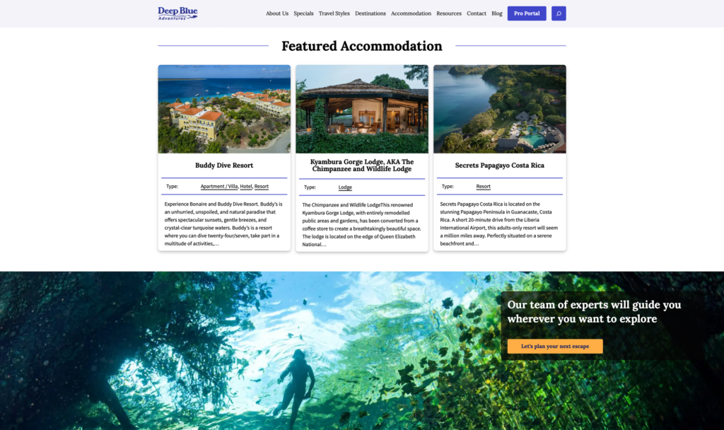 Deep Blue Adventures travel website using Wetu content importer for seamless itinerary integration.