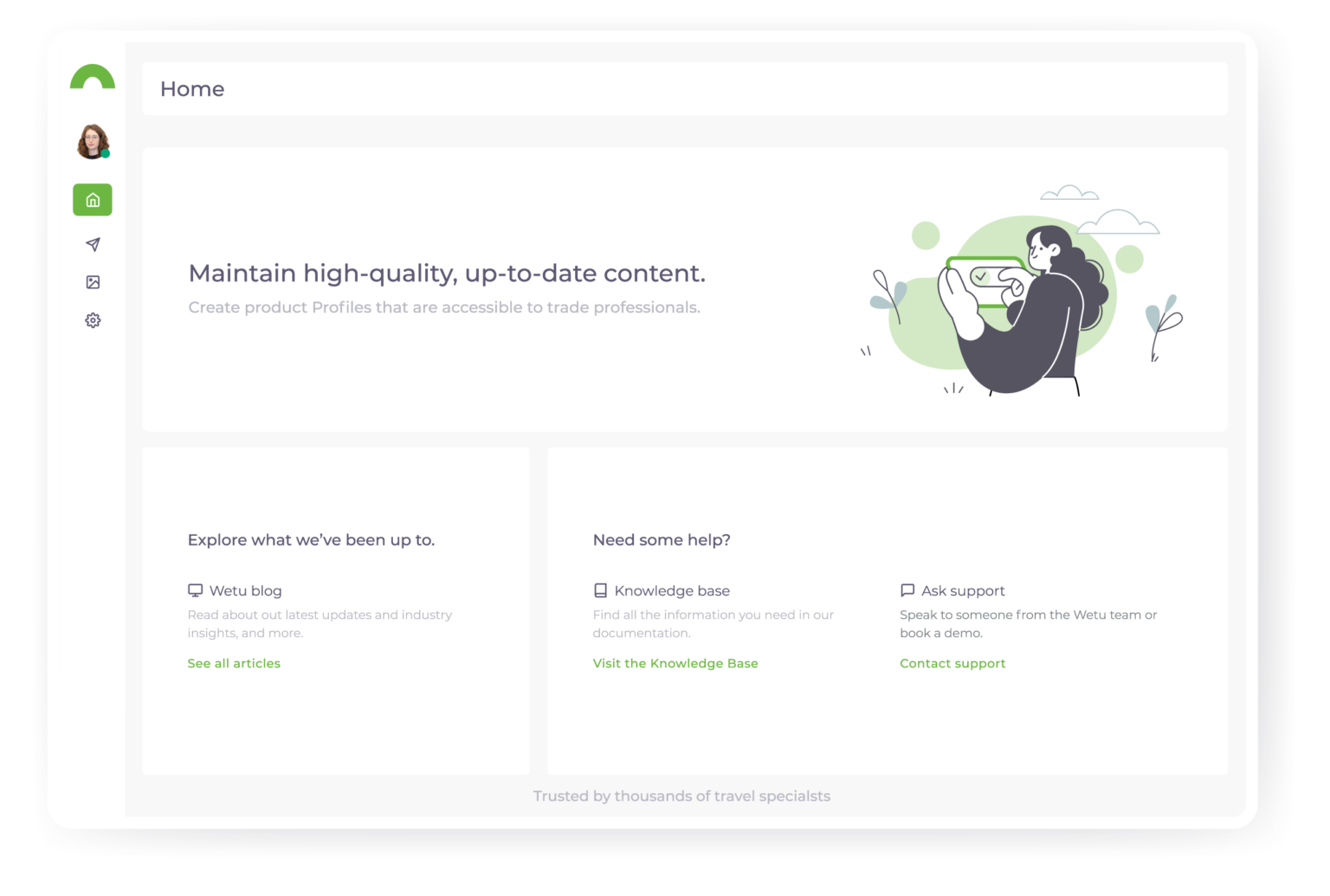 Screenshot of Wetu platform for accommodation, restaurant or activity provider clients who want to access or edit their Wetu profile quickly