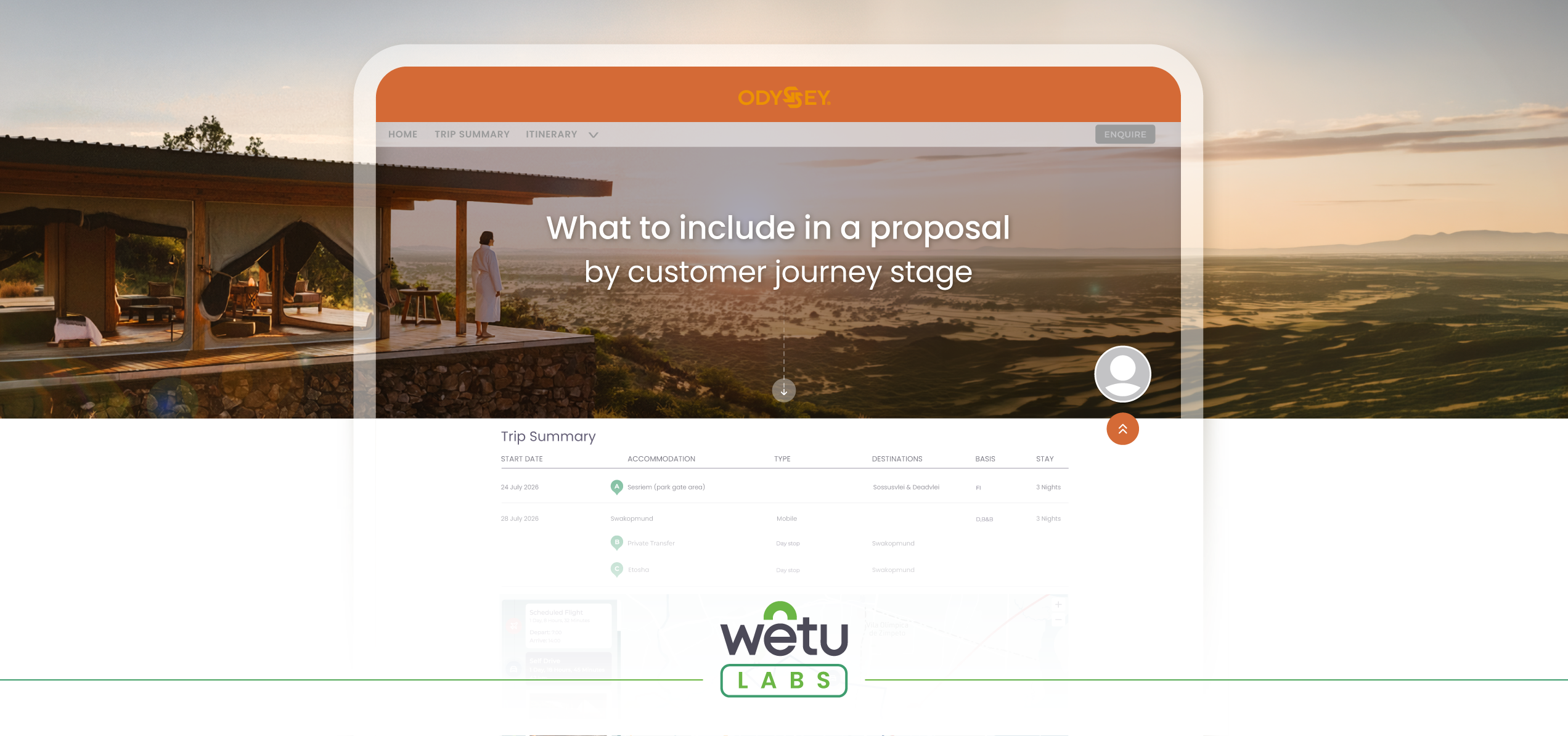 A woman at a luxury lodge looking out over an African plane at sunset overlaid with a Wetu itinerary and the words “what to include in a proposal by customer journey stage”. 