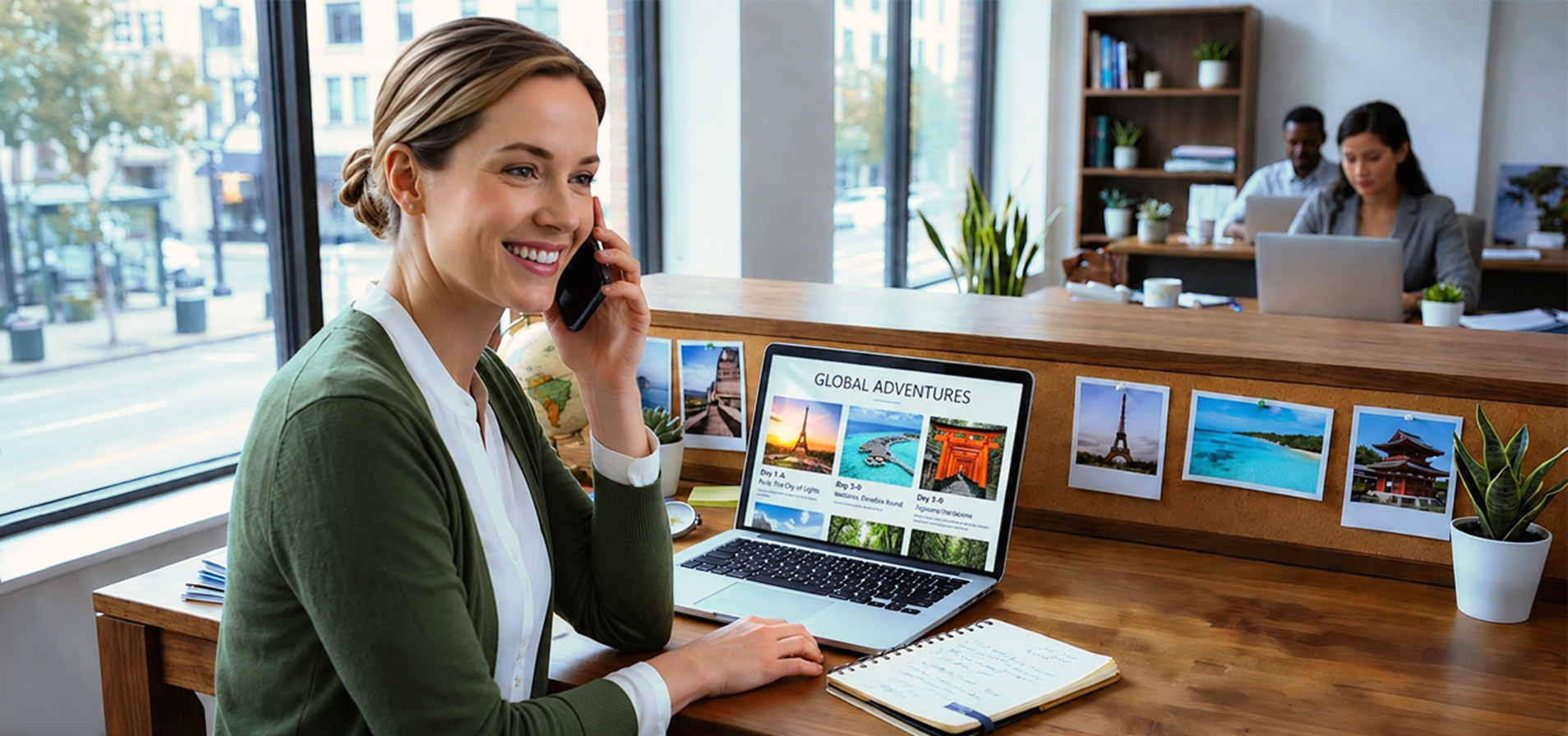 A woman behind a desk with a laptop smiling as she speaks on her mobile phone because her tour operator sales strategy is working for her business.