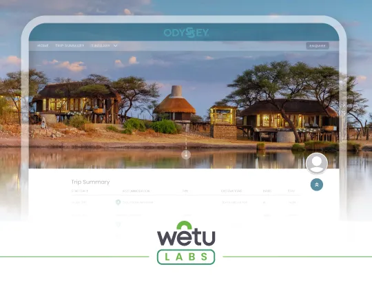 Photograph of Onguma Camp Kala, Namibia, overlaid with a device outline to show what tour operators look for in travel supplier content when building itineraries. 