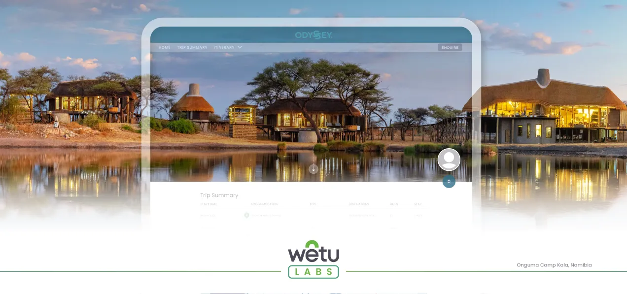 Photograph of Onguma Camp Kala, Namibia, overlaid with a device outline to show what tour operators look for in travel supplier content when building itineraries.