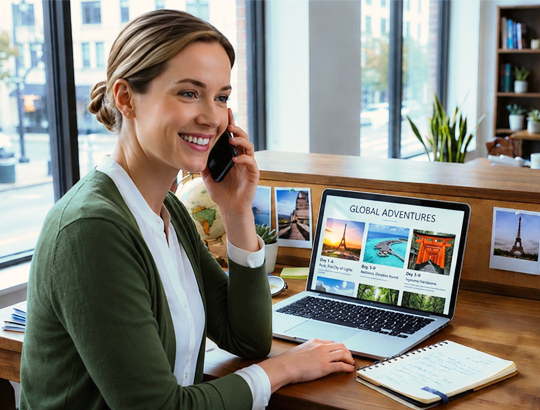 A woman behind a desk with a laptop smiling as she speaks on her mobile phone because her tour operator sales strategy is working for her business. 