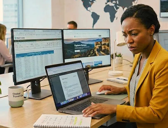 A frustrated operator with two very crowded monitors, a laptop, and a notepad owing to switching between tools, having duplicate copies, and having to do format fixes.