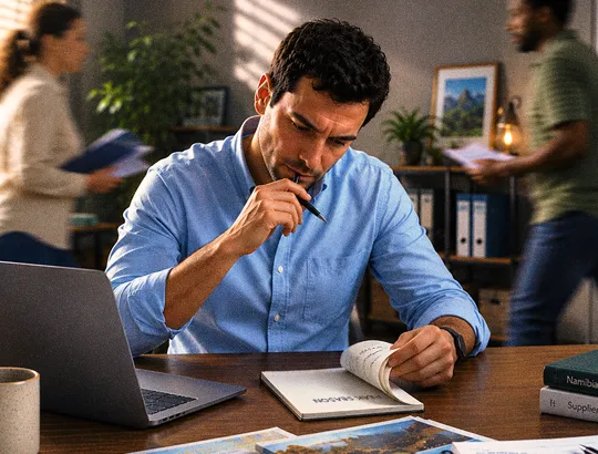A tour operator agent making a note about workflow friction on his peak season checklist while his co-workers rush around behind him. 