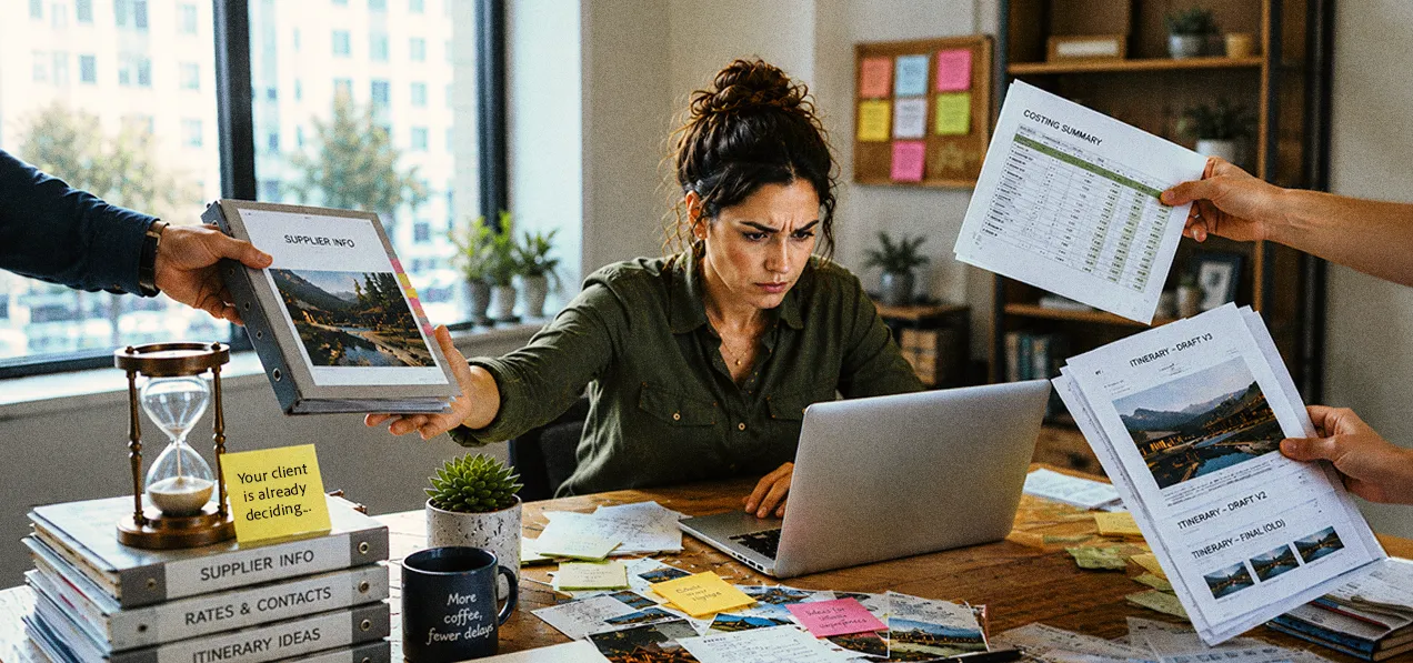 Tour operator agent in an office burned out because of friction in her workflow leading to slow travel proposal turnaround.